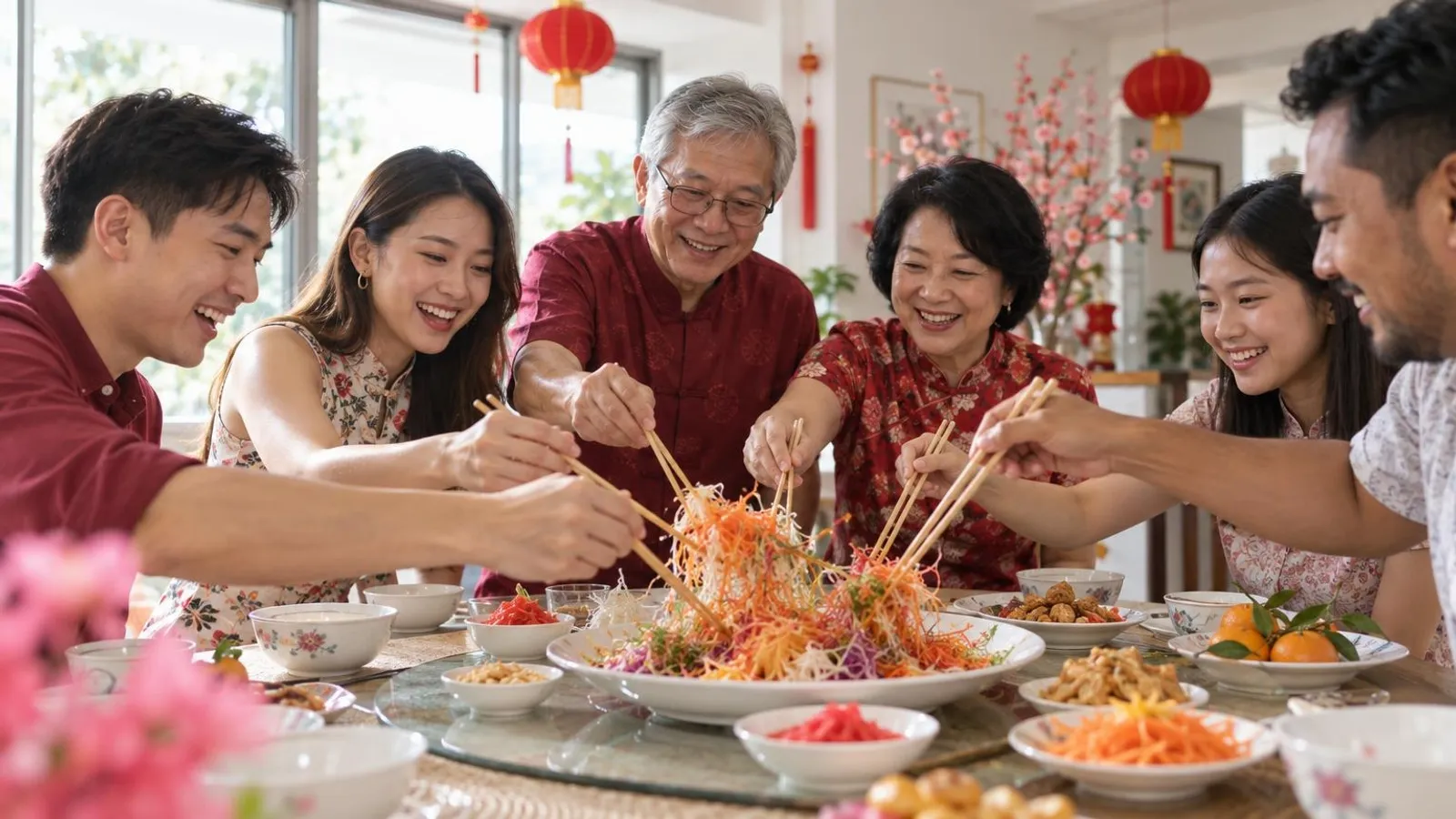 Yu Sheng: a customer and a provider in a bright, modern setting