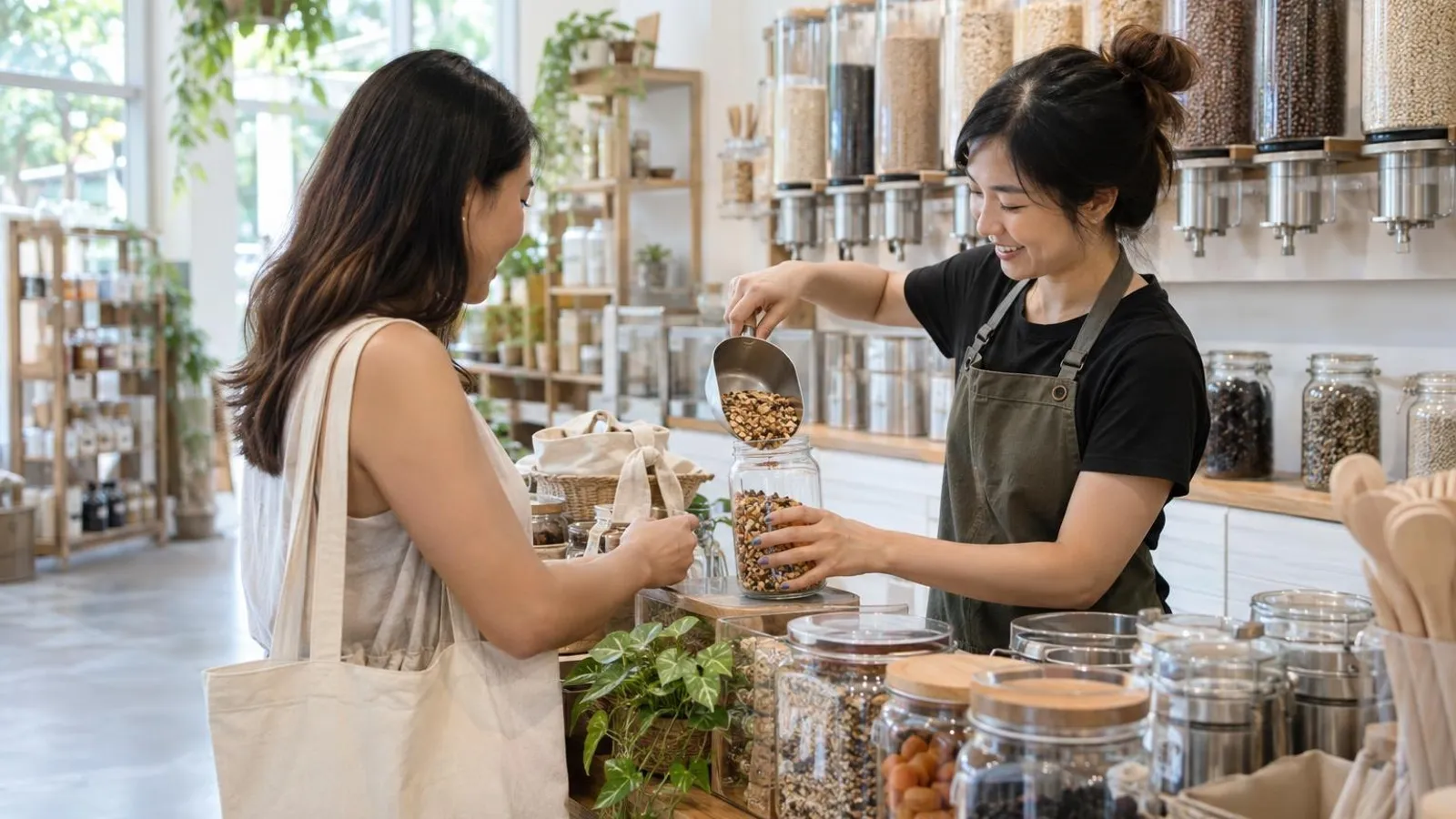 Zero Waste and Refill Stores: a customer and a provider in a bright, modern setting