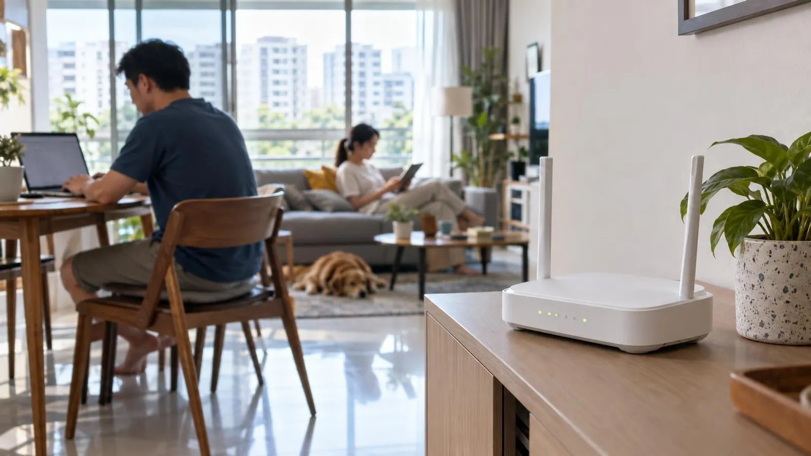 A white home wifi router with indicator lights on a console in a bright HDB living room