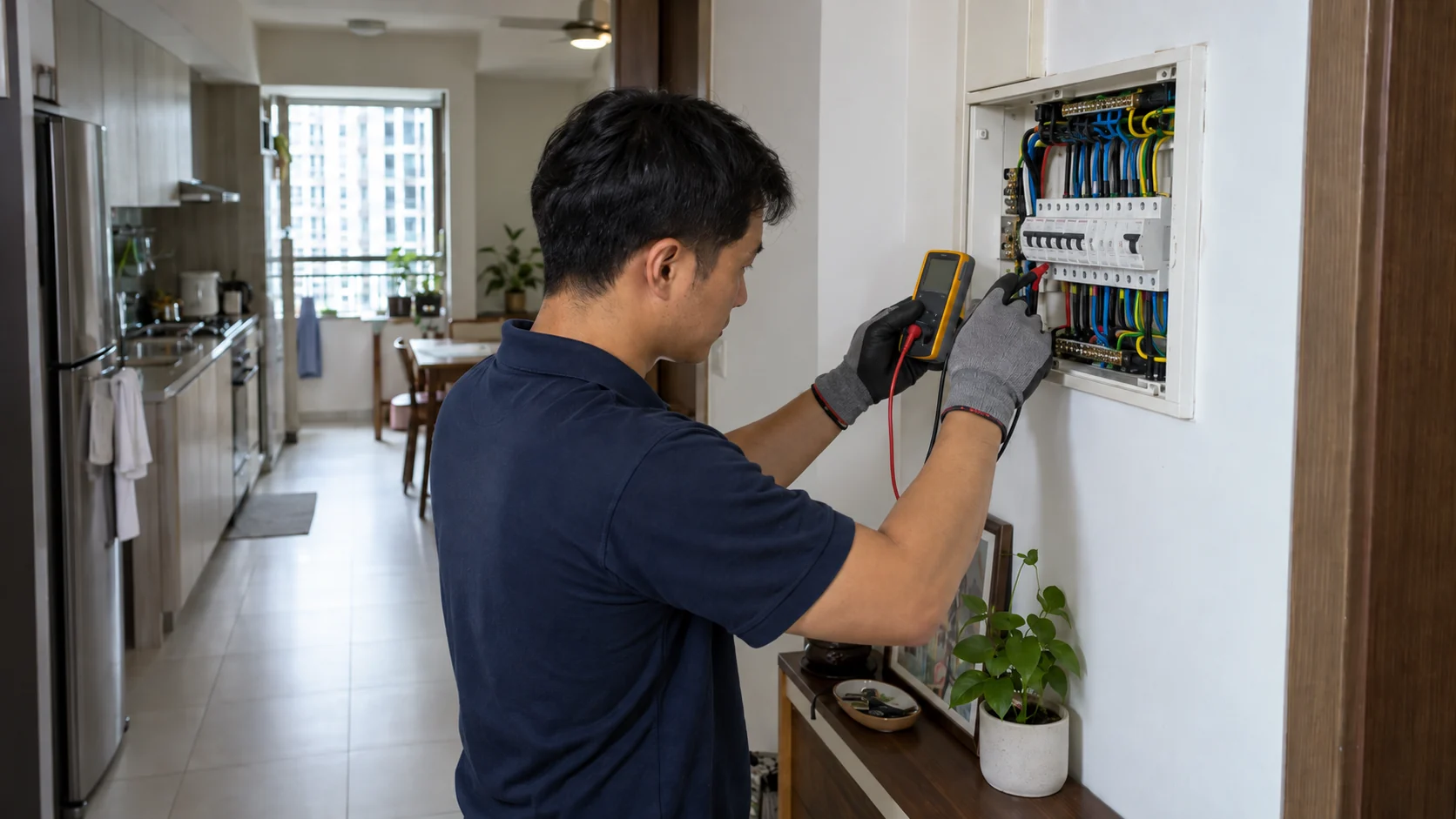 An electrician in a Singapore apartment hallway testing at a wall-mounted consumer unit with its cover off, using a handheld meter, wearing work gloves.