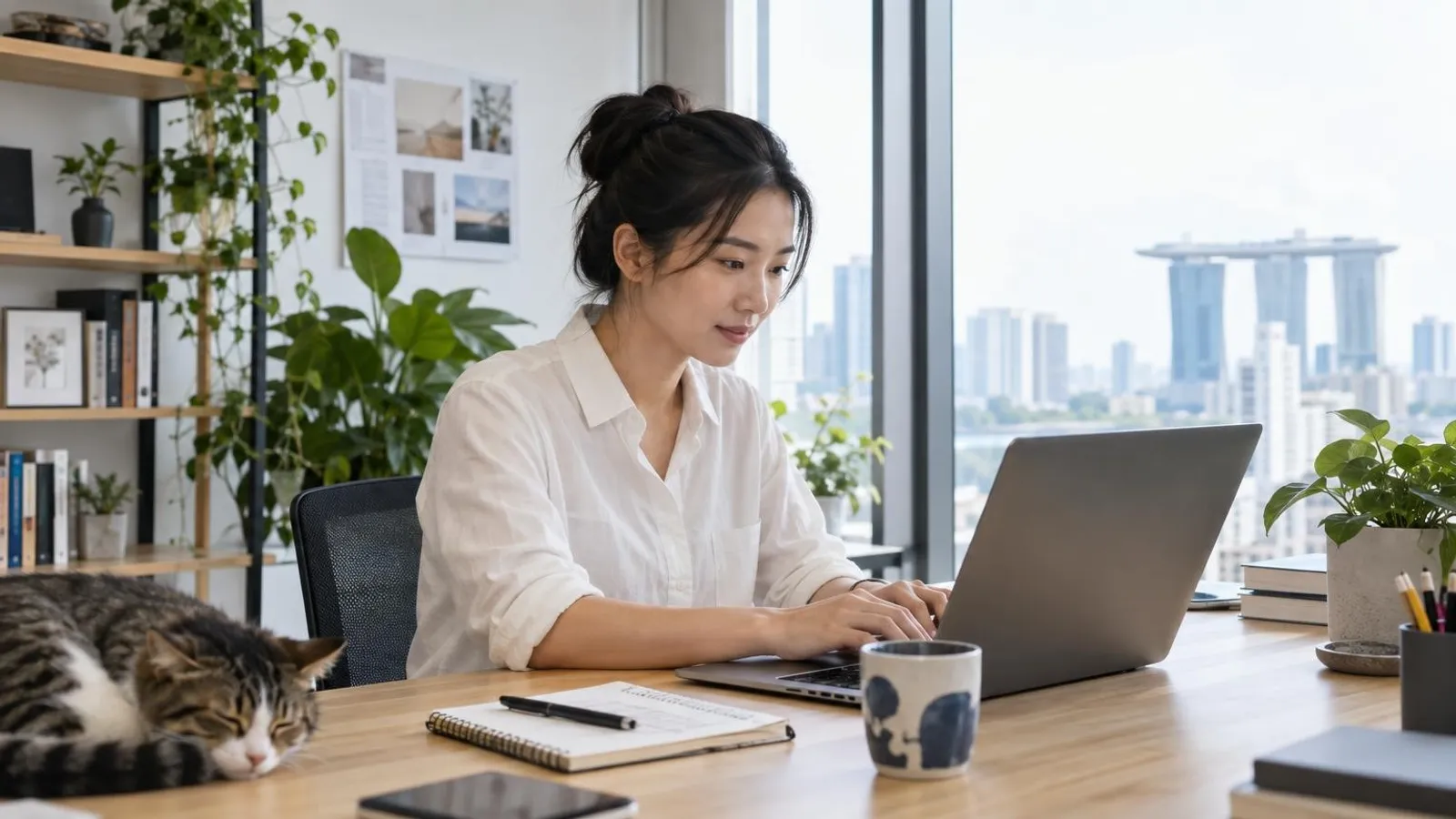 A small-business owner composing an email newsletter on a laptop at a bright desk