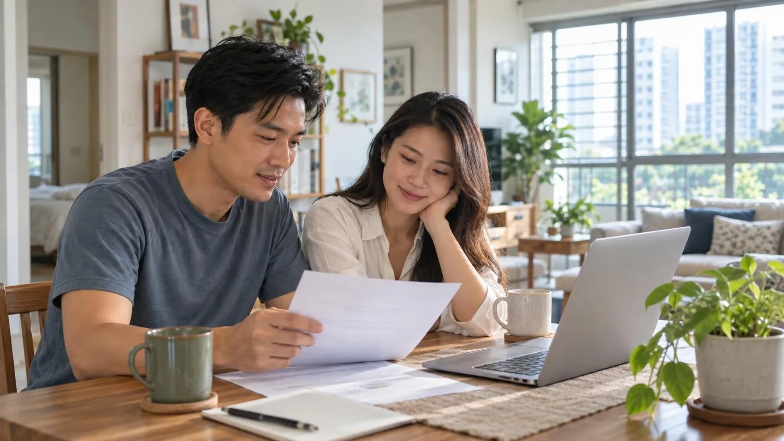 A couple calmly reviewing a printed document together at a kitchen table in a bright HDB flat