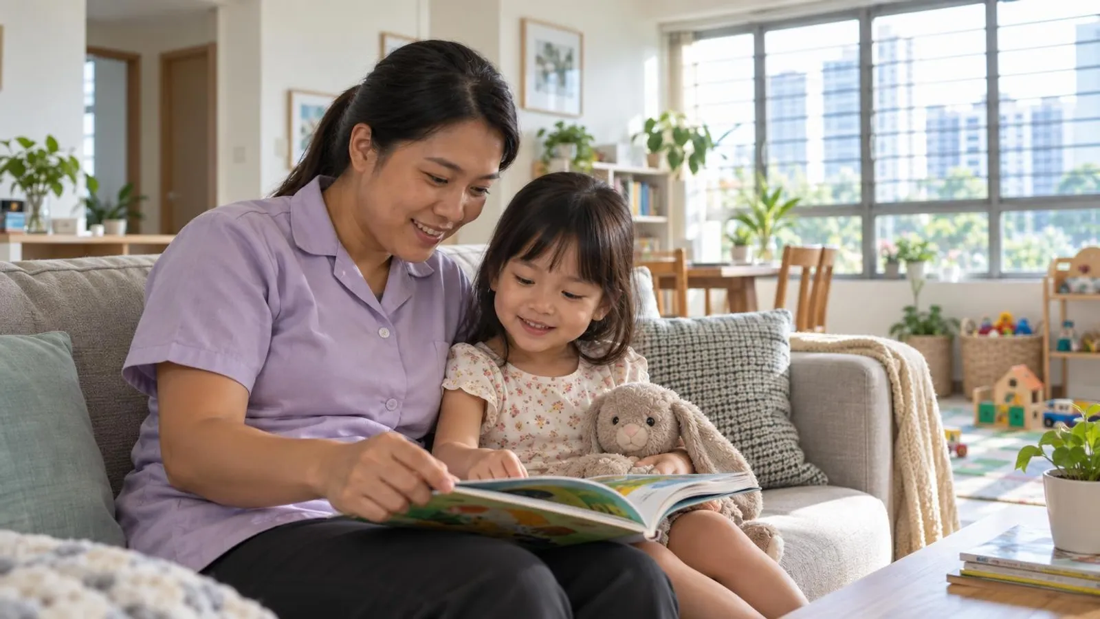 A domestic helper and a young child reading a picture book together in an HDB living room