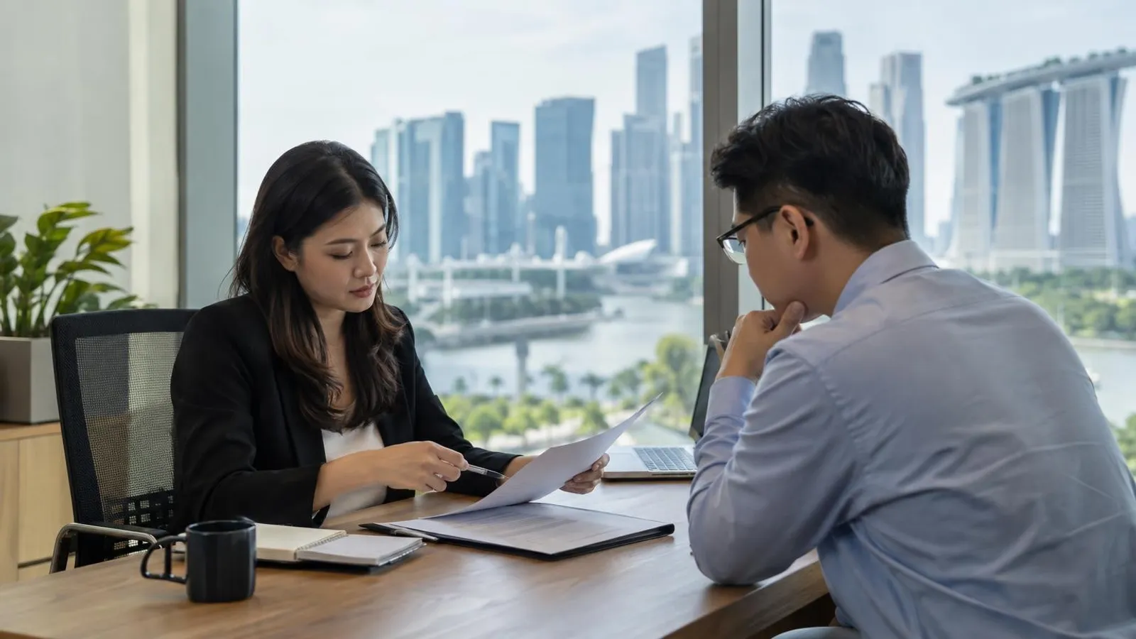 A recruitment consultant and a job seeker reviewing documents in a bright Singapore office