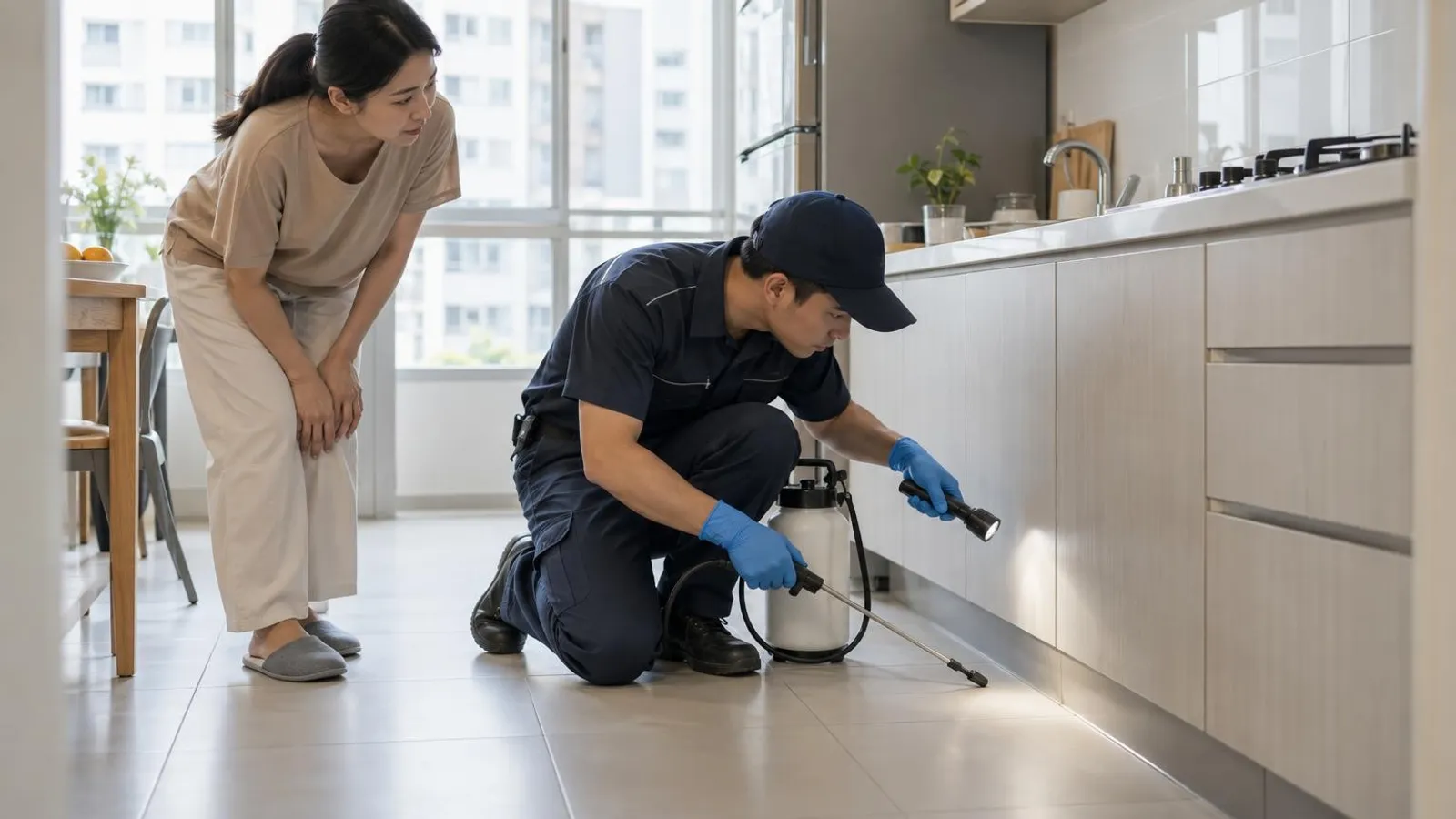 A pest-control technician inspecting a kitchen skirting with a torch and a sprayer