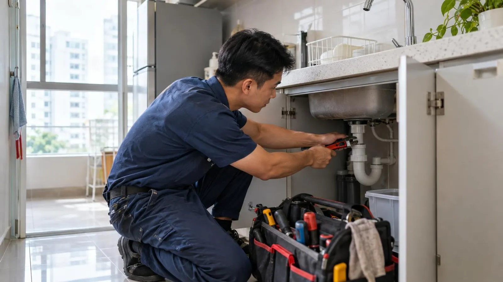 A plumber fixing the pipes under a bright HDB kitchen sink with a wrench