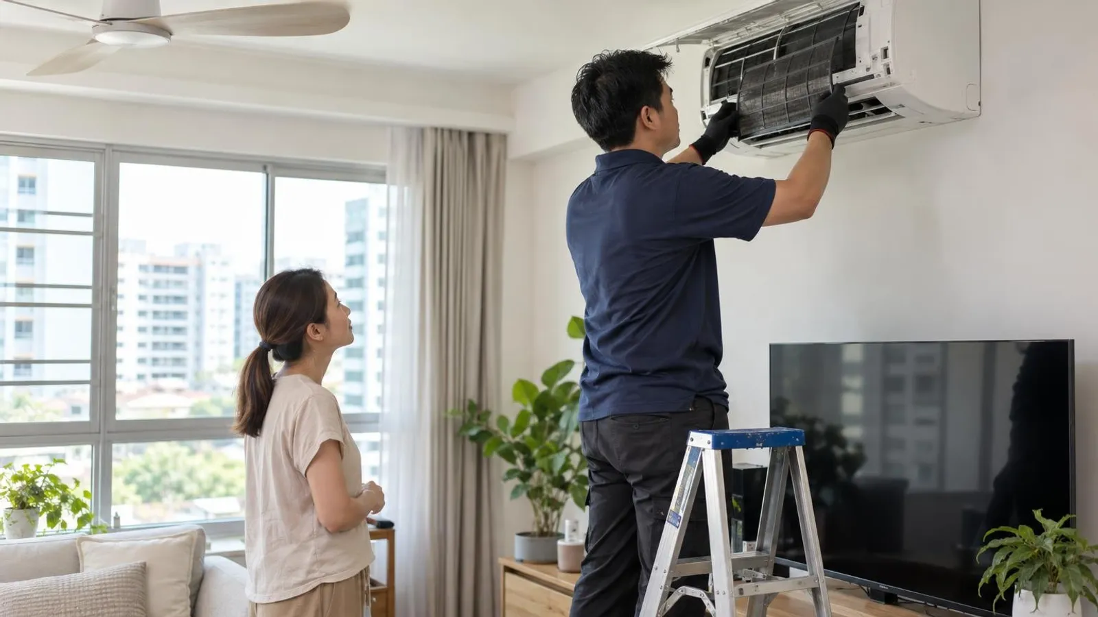 An aircon technician servicing a wall-mounted air-conditioner on a step ladder