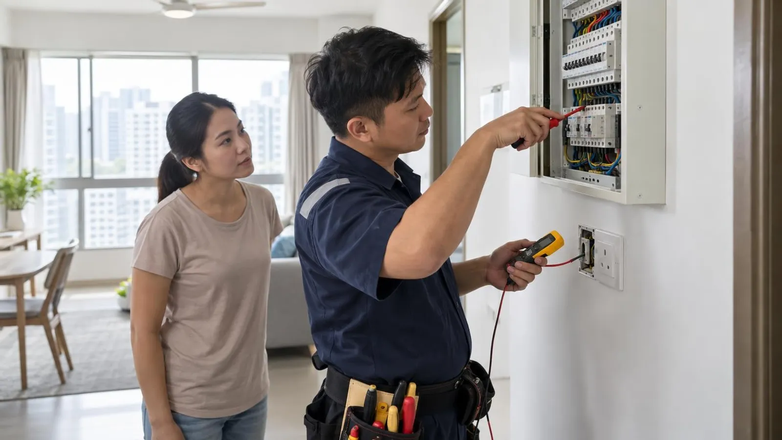 A licensed electrician testing a consumer unit with a voltage tester in a bright HDB flat