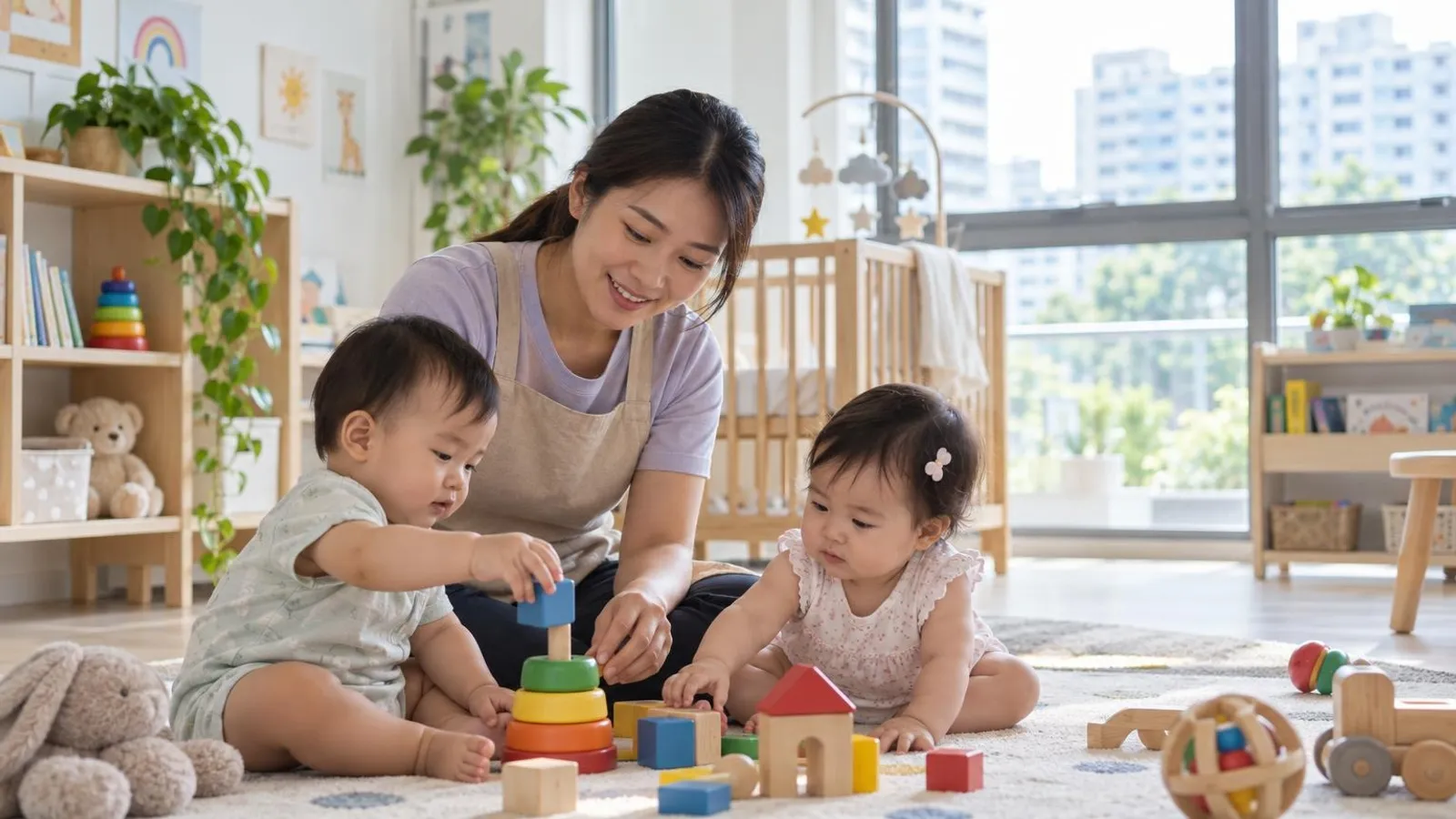 An infant-care educator caring for babies in a bright, calm nursery room