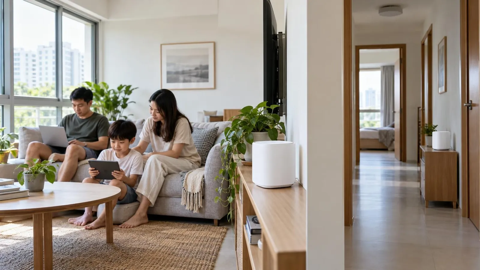 Two white mesh wifi units in a bright HDB home, one in the living room and one down the hallway