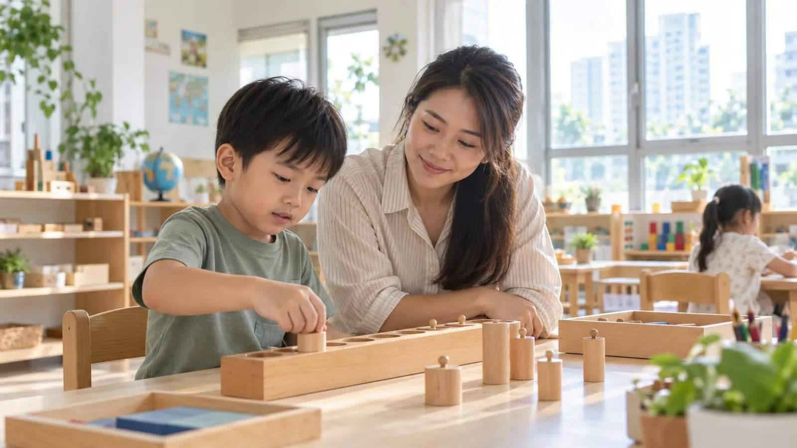 A young child working with wooden Montessori learning materials at a low table