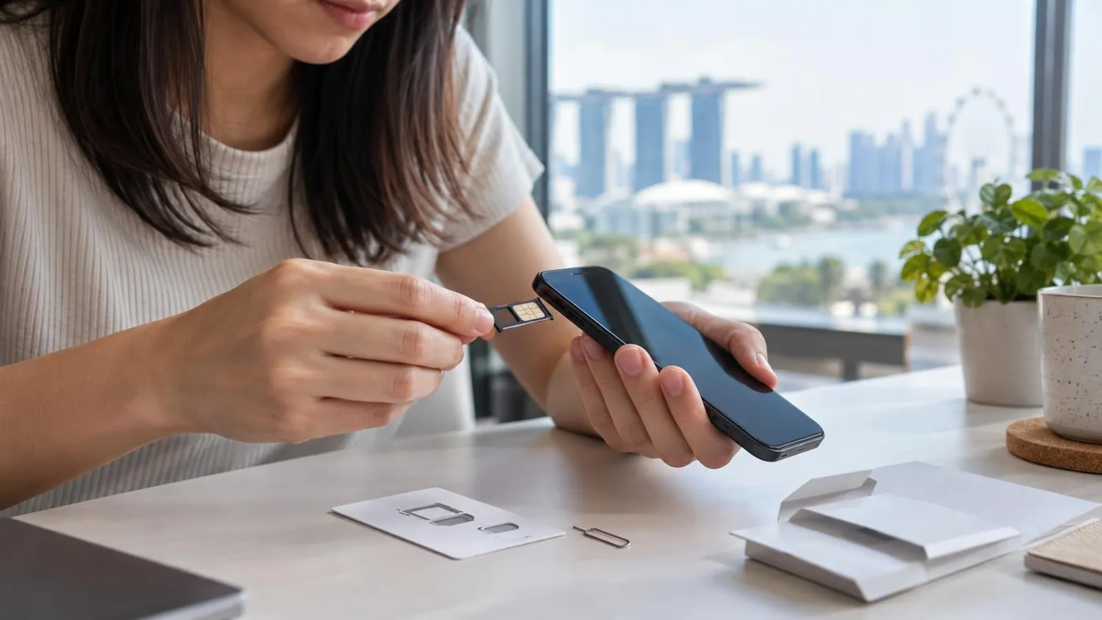 A person inserting a nano-SIM card into a smartphone tray on a bright desk