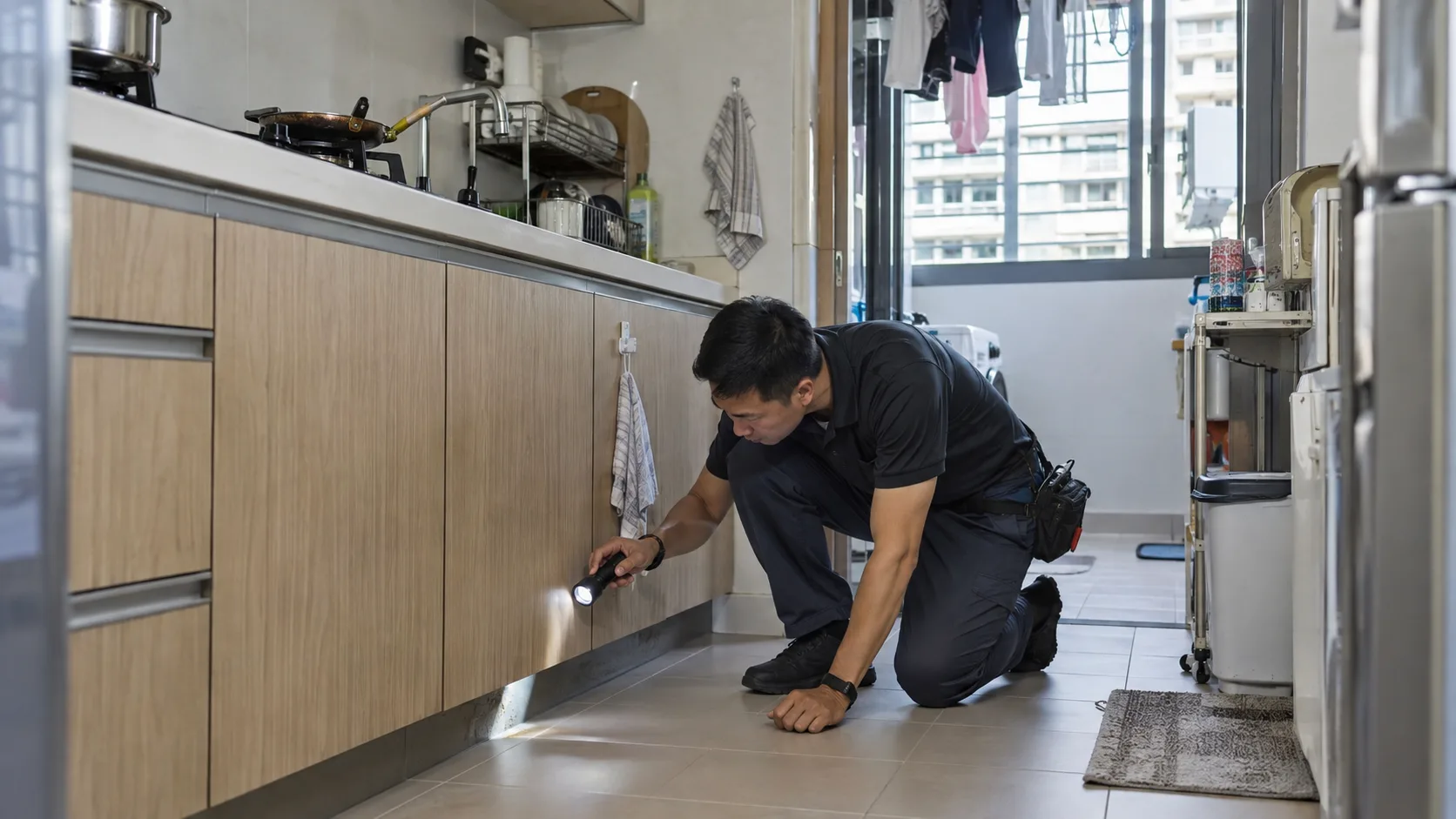 A pest-control technician kneeling in an HDB kitchen, shining a torch along the base of the floor cabinets during an inspection.