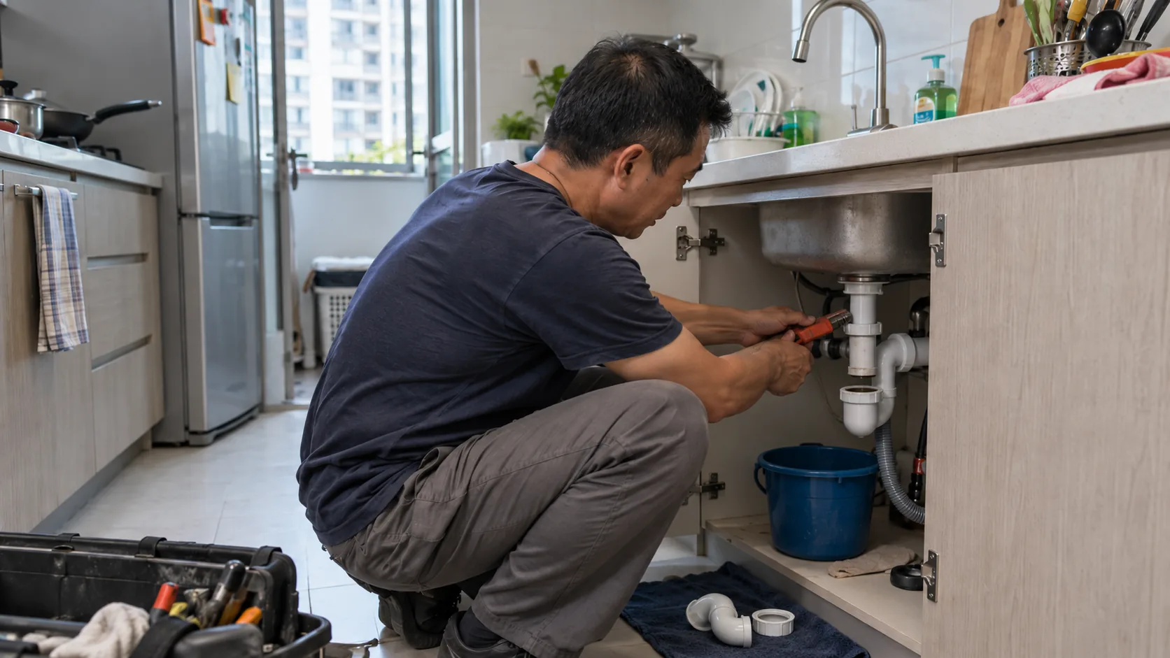 A plumber crouched at an open kitchen sink cabinet in a Singapore apartment, using a pipe wrench on a partly dismantled drain trap, with a bucket beneath it.