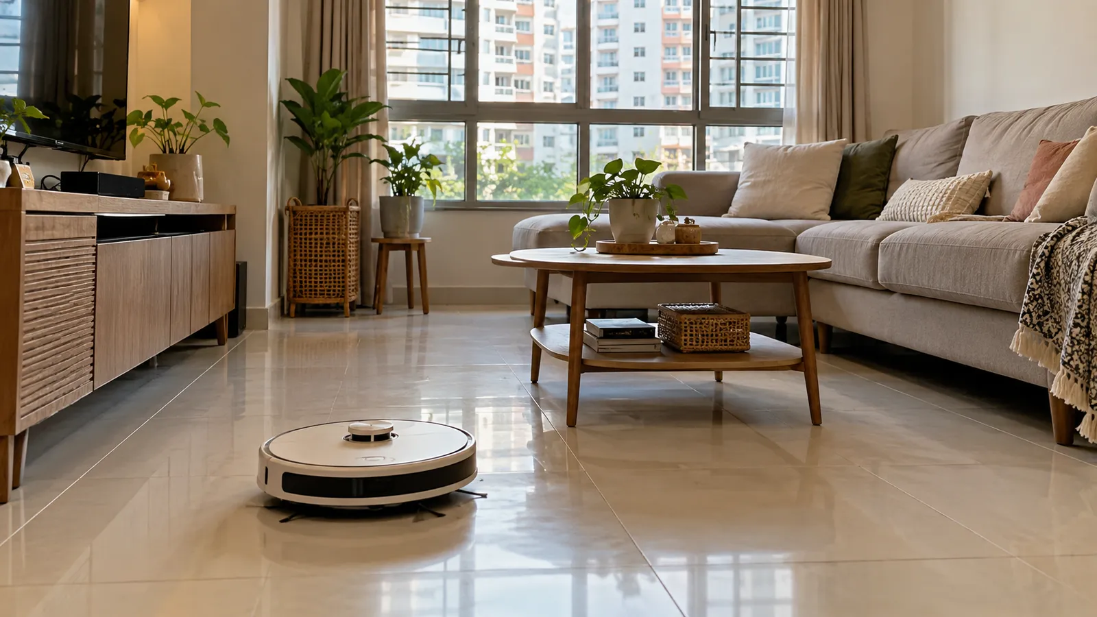 A round robot vacuum cleaning the floor of a tidy HDB living room