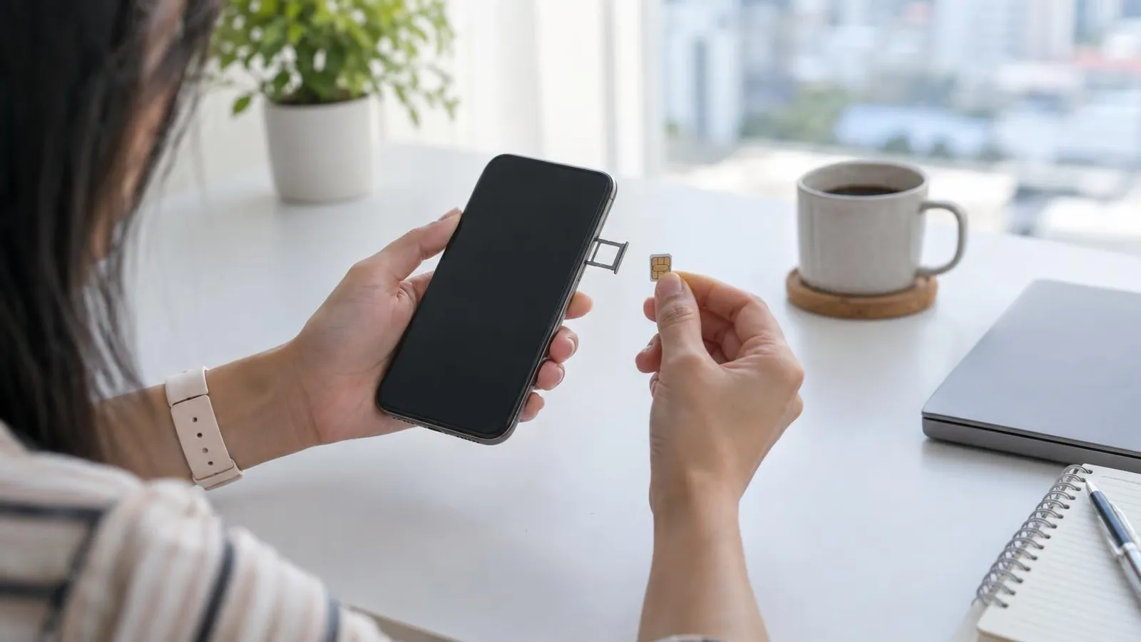 A person holding a smartphone with the SIM tray open and a nano-SIM card in hand