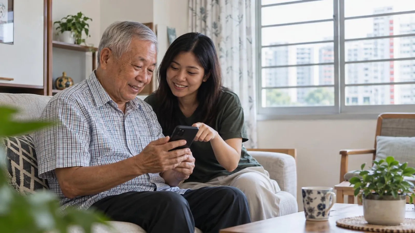 An older adult and a younger family member looking at a smartphone together in a bright HDB living room