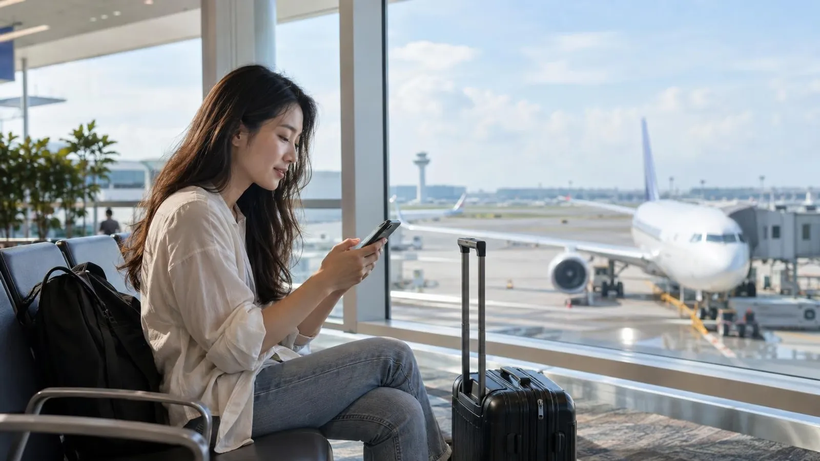 A traveler using a smartphone at an airport window with an aircraft at the gate outside