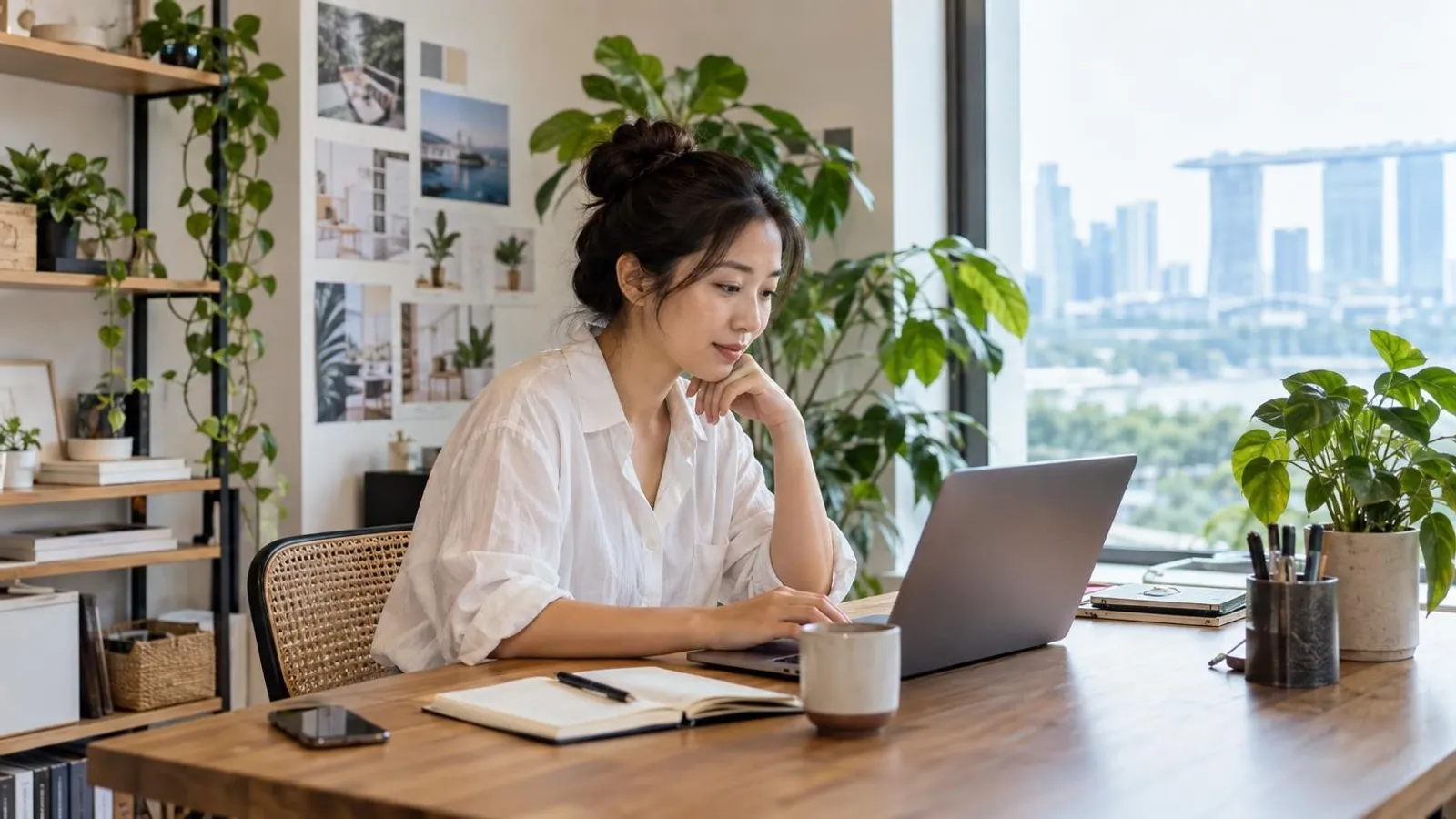 A small-business owner building a website on a laptop in a bright home office