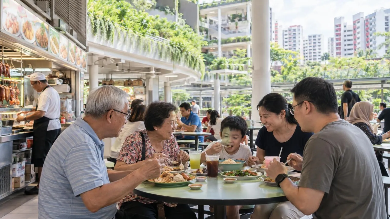 A multi-generational family sharing local hawker plates at the green-terraced Kampung Admiralty community hub near Admiralty MRT, with sky-garden planting and north heartland HDB behind