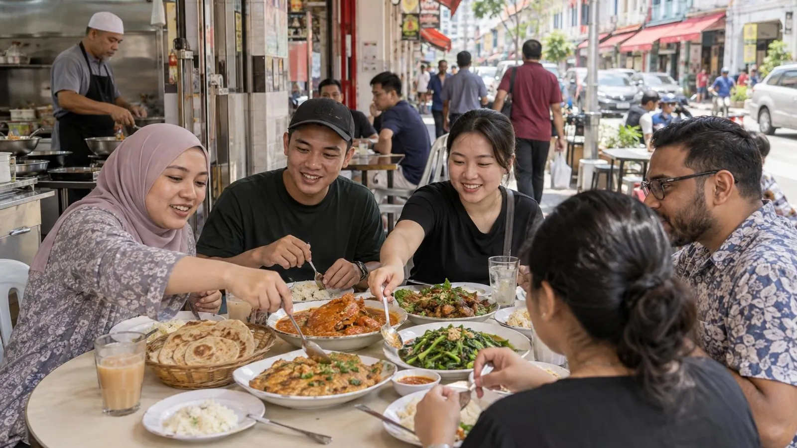 A diverse group sharing zi char and a halal spread at a casual eatery on a Geylang shophouse food street near Aljunied MRT, with low-rise old shophouses behind