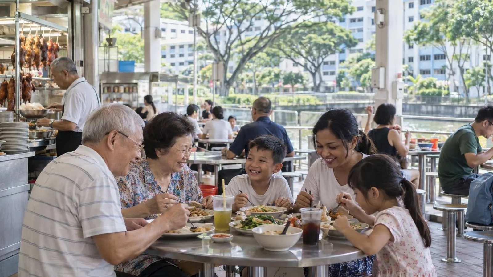 A multi-generational family sharing local hawker plates at the Whampoa Drive food centre near Boon Keng MRT, with the mature Whampoa HDB estate and rain trees behind