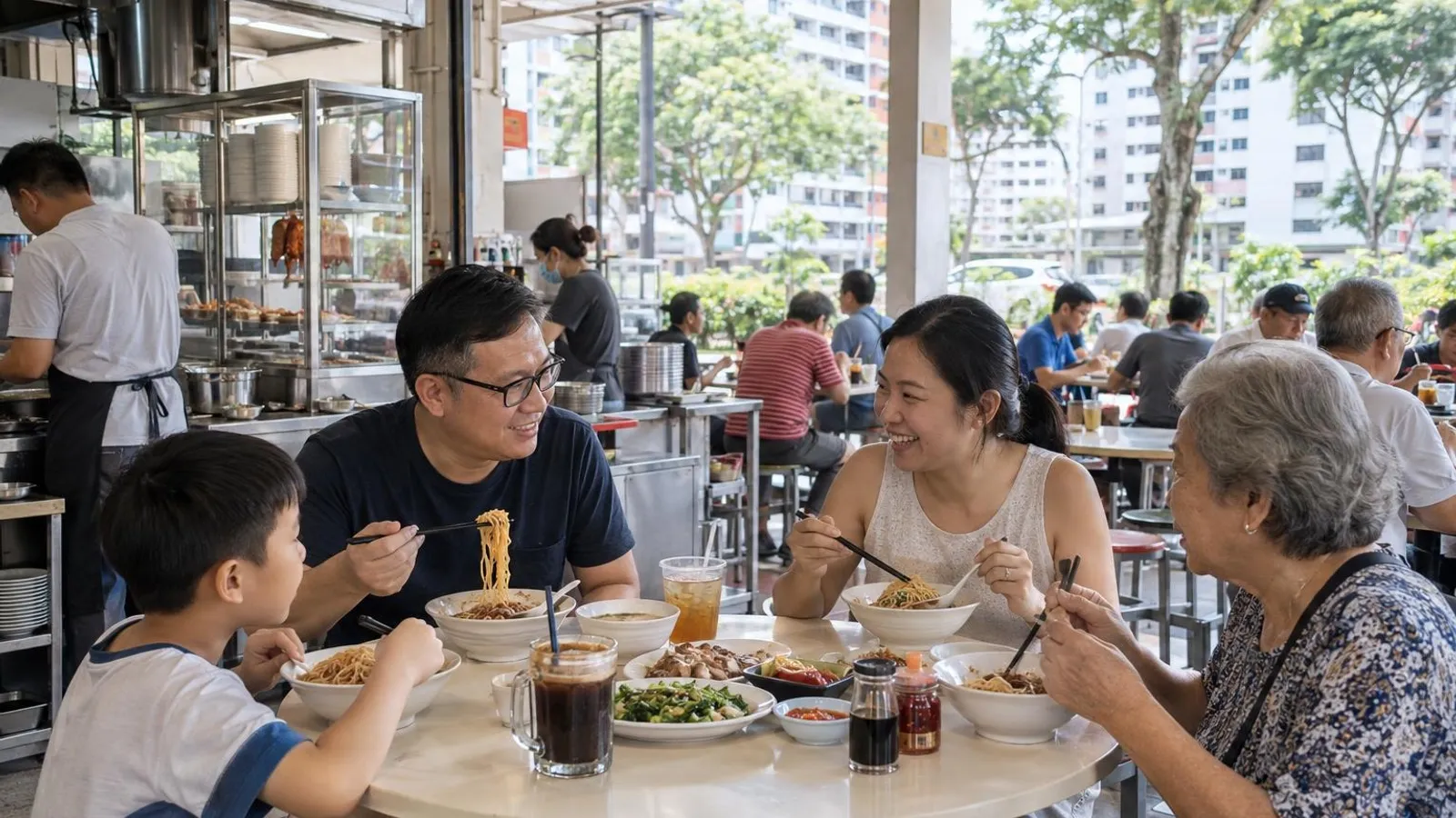 A diverse family sharing bak chor mee and local hawker plates at a busy Lorong 8 Toa Payoh coffeeshop near Braddell MRT, with older Toa Payoh HDB blocks and rain trees behind