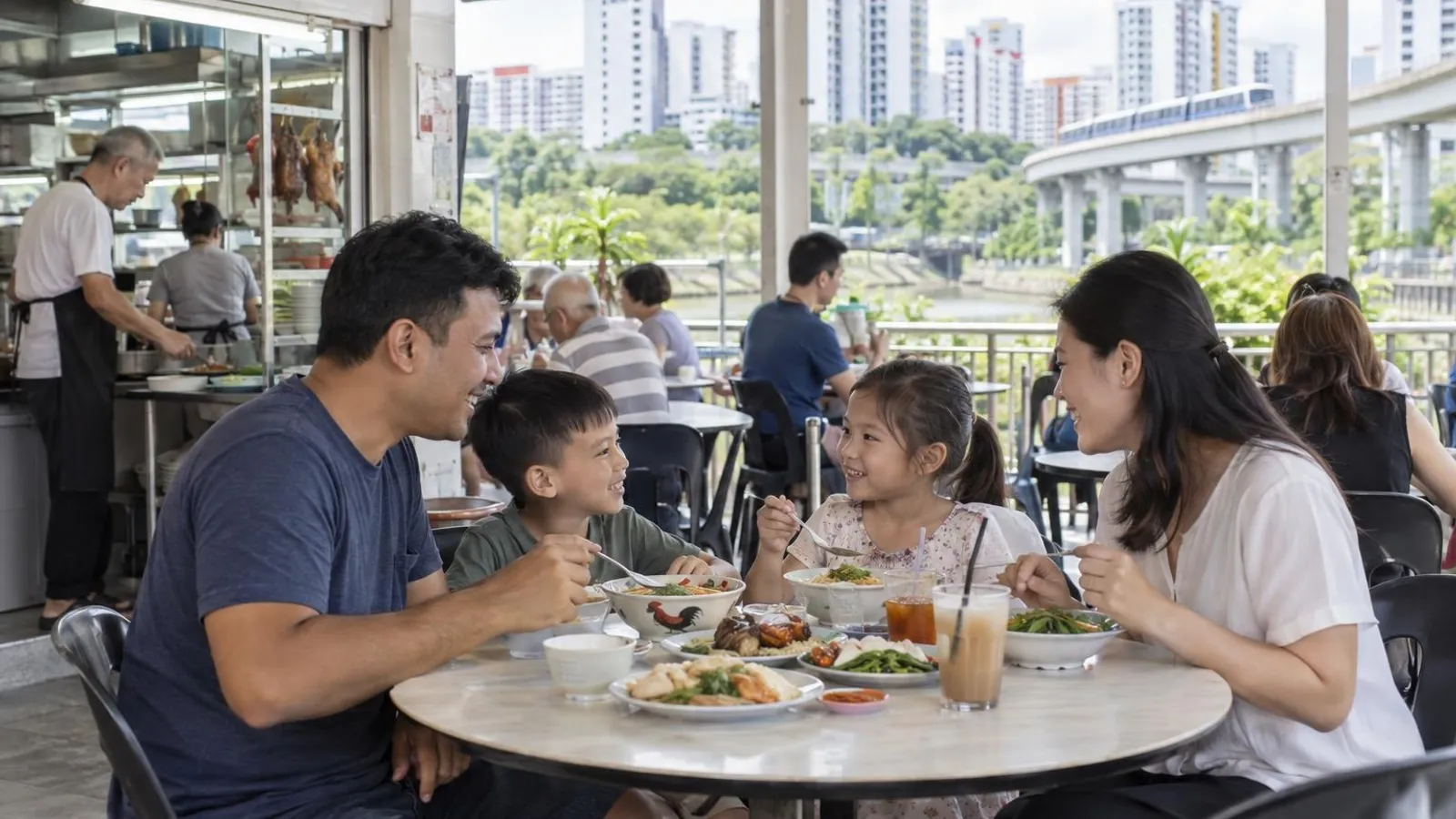 A diverse Singaporean family sharing local dishes at a bright neighbourhood coffeeshop near Buangkok MRT, with northeast HDB blocks, the LRT viaduct and Sengkang riverside parkland behind