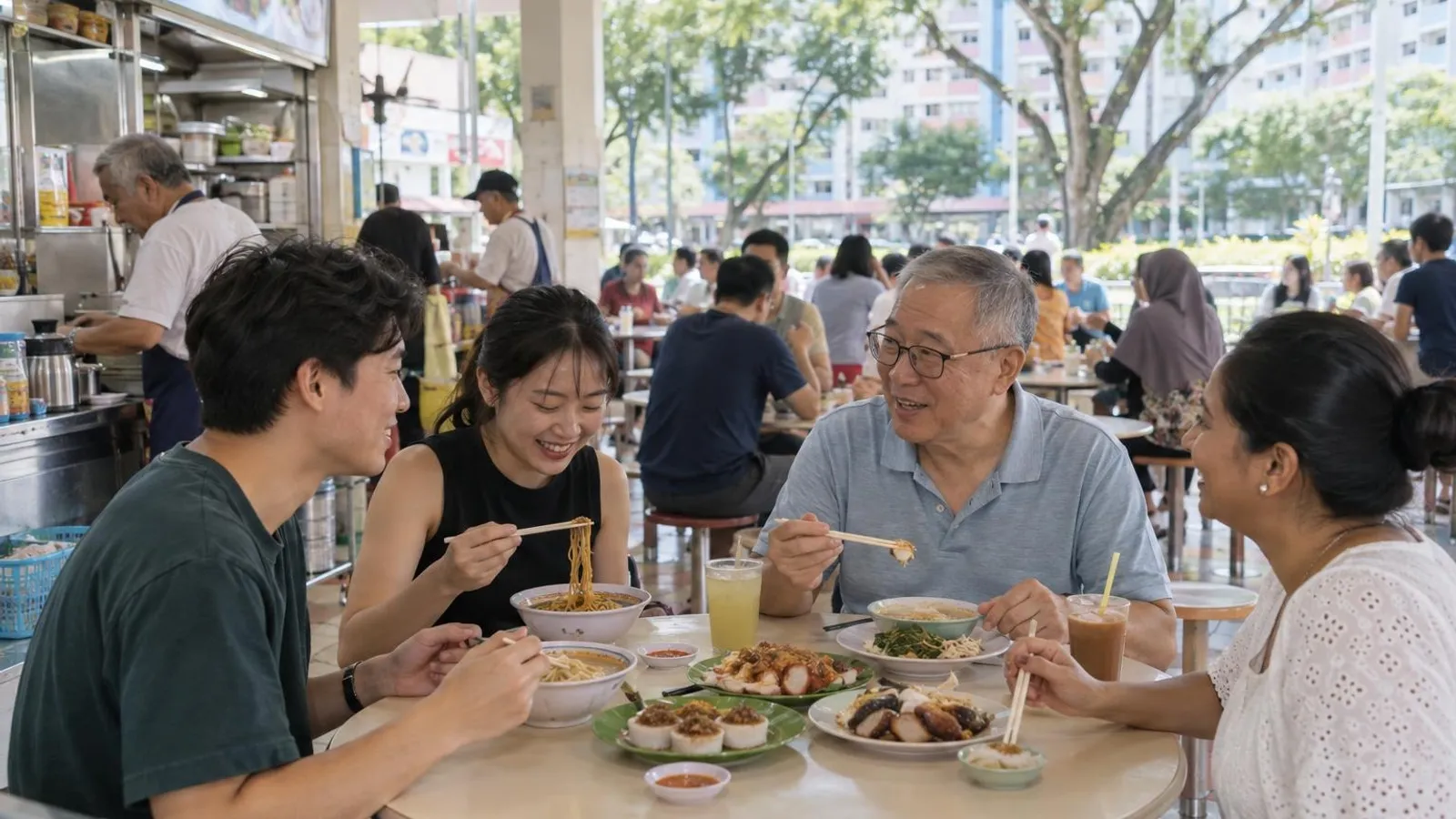 A diverse group sharing chwee kueh, wanton noodles and local dishes at a bright heartland hawker centre near Buona Vista MRT, with Ghim Moh HDB blocks and greenery behind