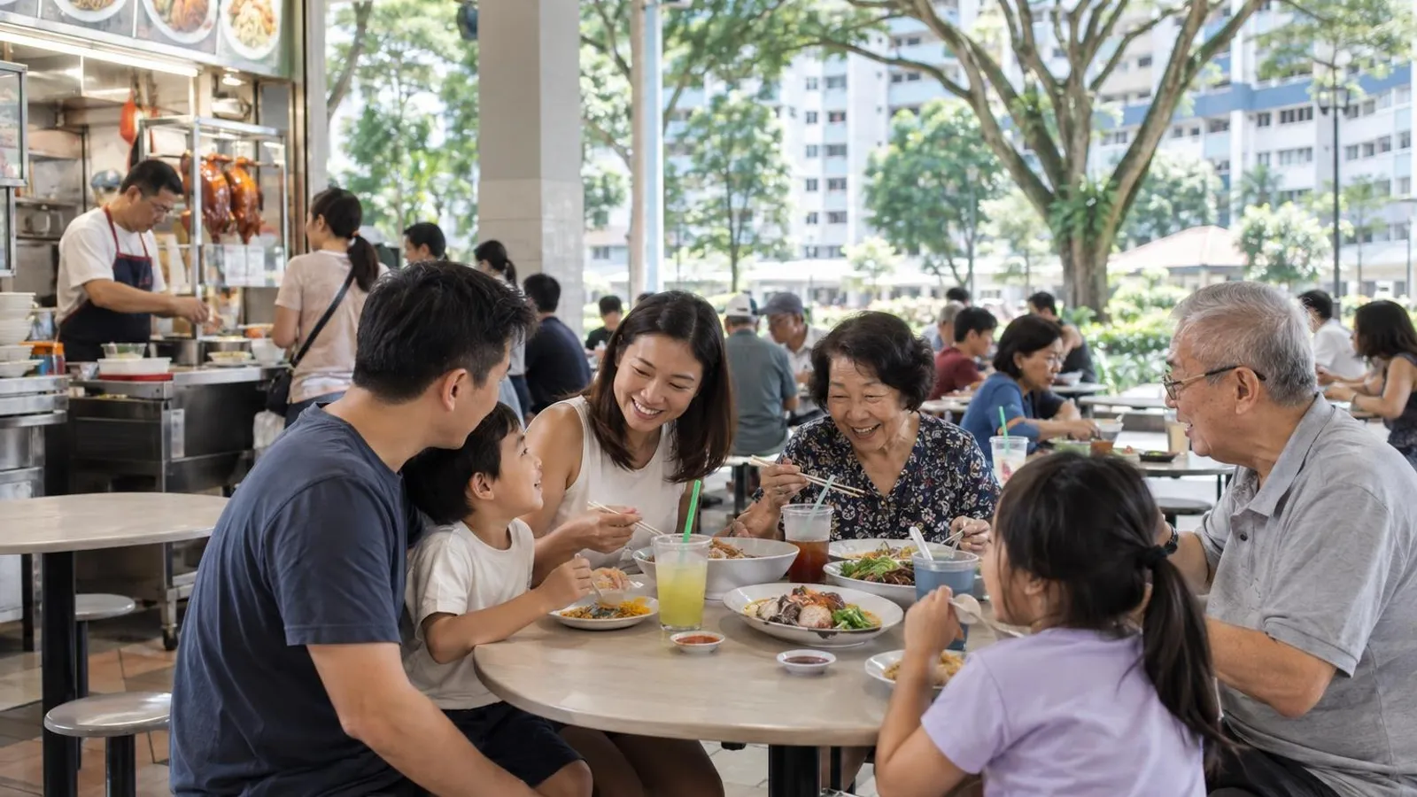 A multi-generational family sharing local hawker dishes at the Commonwealth Crescent Food Centre near Commonwealth MRT, with mature Queenstown-estate HDB blocks and rain trees behind