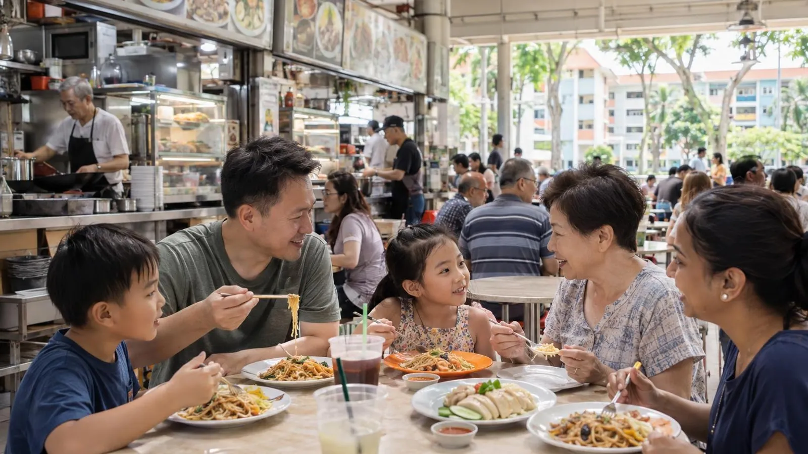 A family sharing Hokkien mee, char kway teow and chicken rice at the classic two-storey Old Airport Road Food Centre near Dakota MRT, with the heritage Dakota Crescent blocks behind