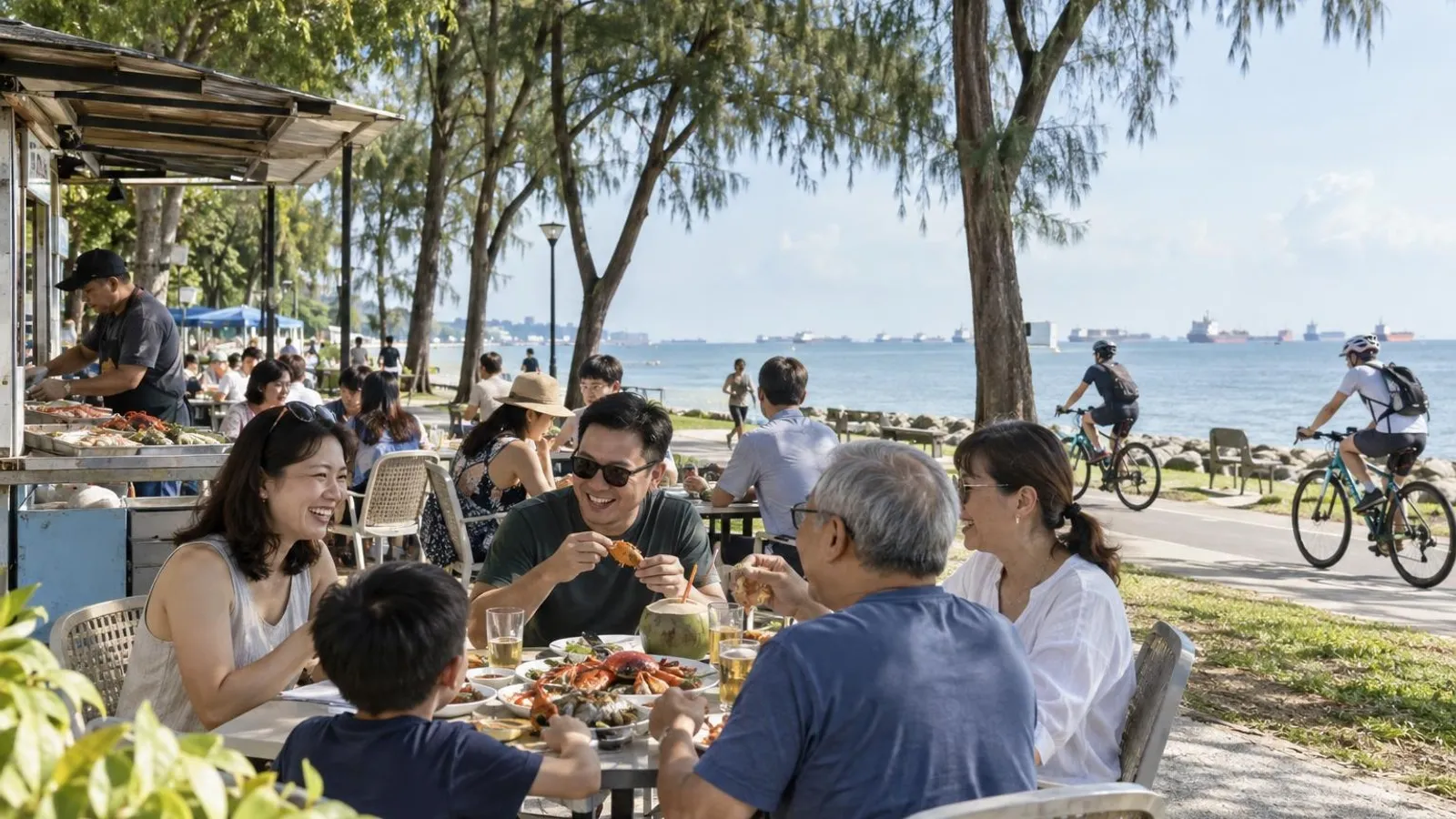 Friends and families sharing seafood at outdoor tables beside the East Coast Park cycling path, with casuarina trees, calm sea and ships on the horizon