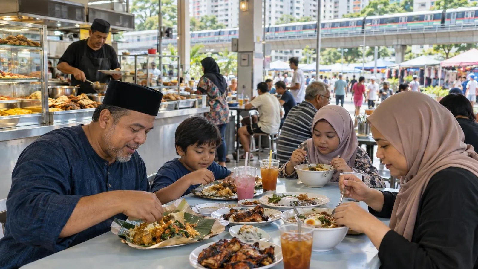 A Malay family sharing a halal spread of nasi padang, grilled chicken and mee soto at a bustling Malay food centre at Eunos Crescent near Eunos MRT, with heartland HDB blocks and the MRT viaduct behind