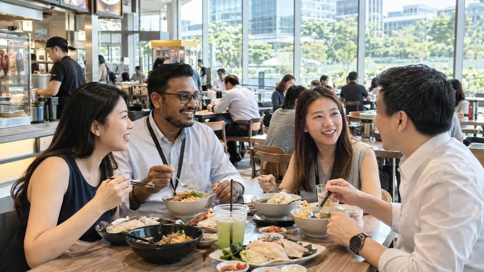 A diverse group of office workers sharing local dishes at a business-park mall food court near Expo MRT, with low-rise Changi Business Park offices and greenery through the glass