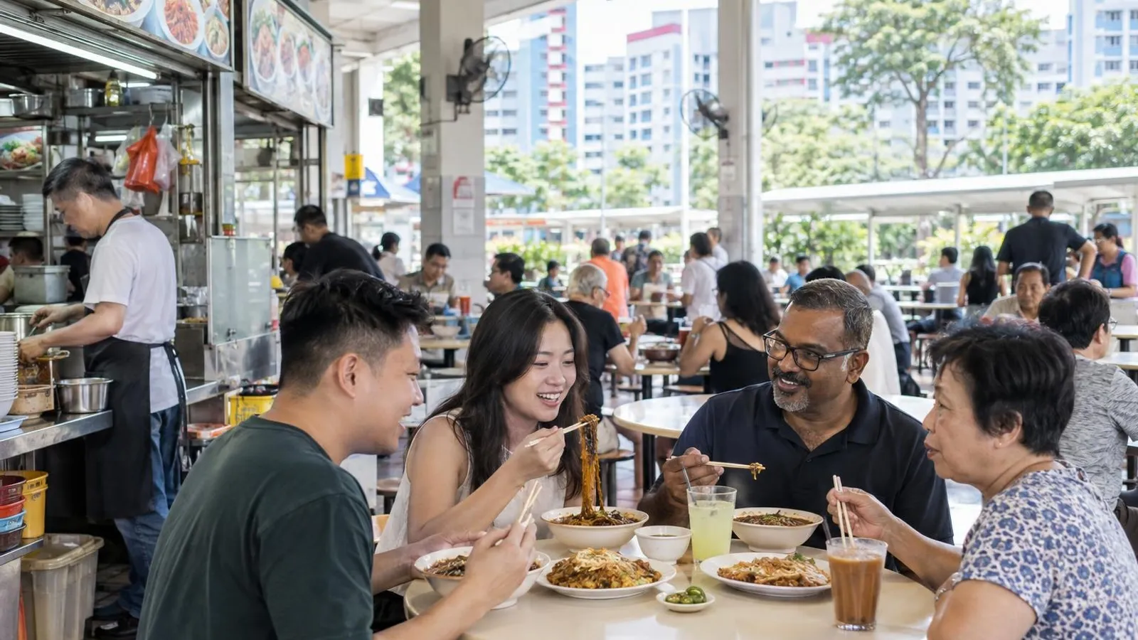 A diverse group sharing lor mee, fried carrot cake and local dishes at a bright hawker centre near Geylang Bahru MRT, with Kallang heartland HDB blocks and greenery behind