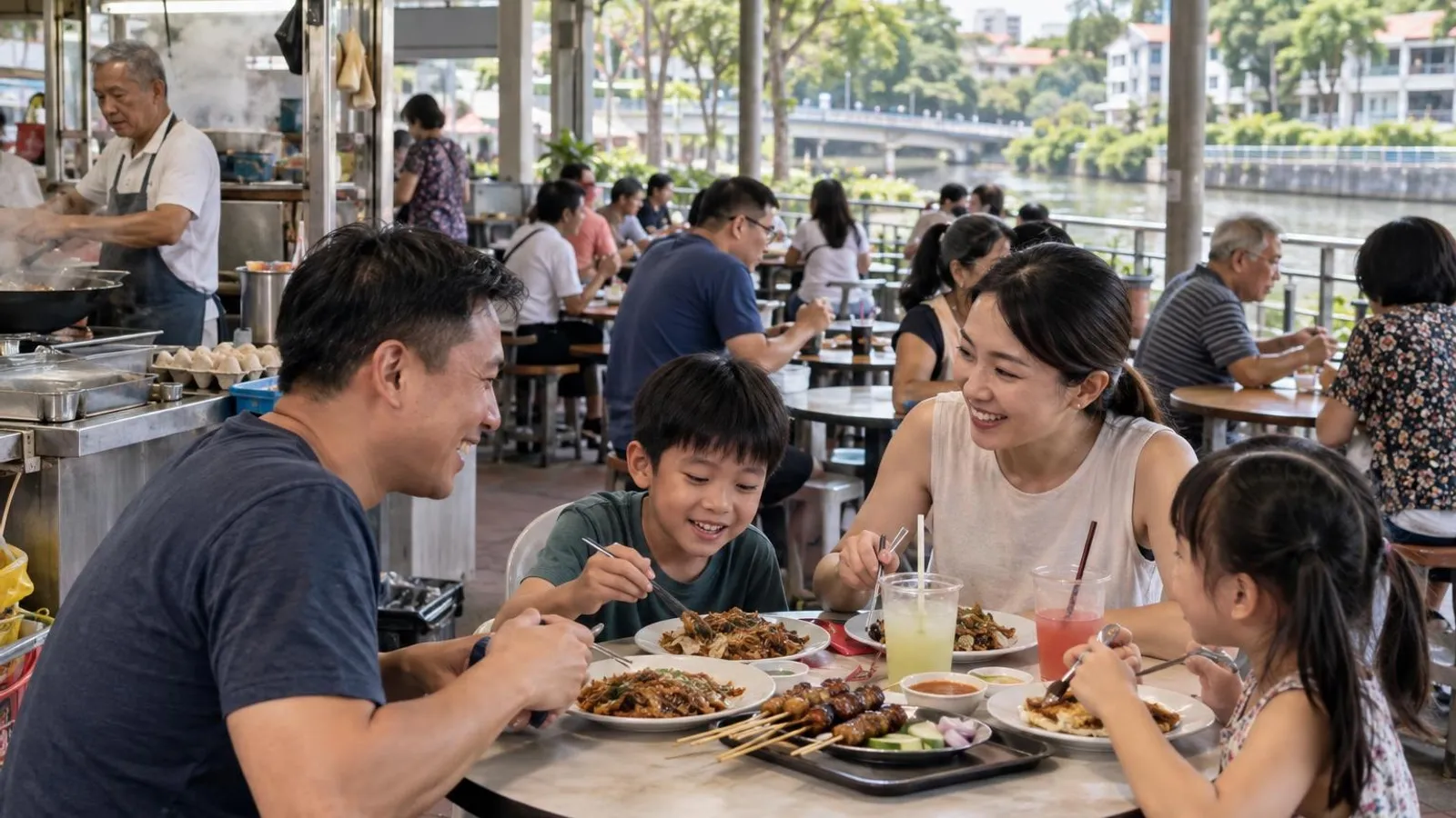 A diverse family sharing char kway teow, satay and local hawker plates at the riverside Zion Riverside Food Centre near Havelock MRT, with the Singapore River and green banks behind