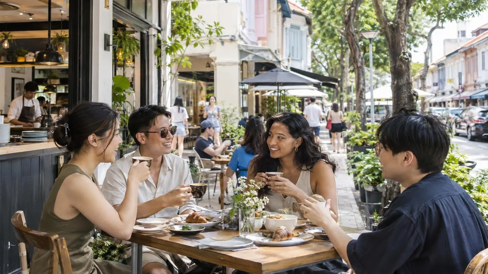 A diverse group of friends brunching with coffee and pastries at an alfresco cafe table in Holland Village, with low-rise pastel shophouses and leafy trees along Lorong Mambong behind