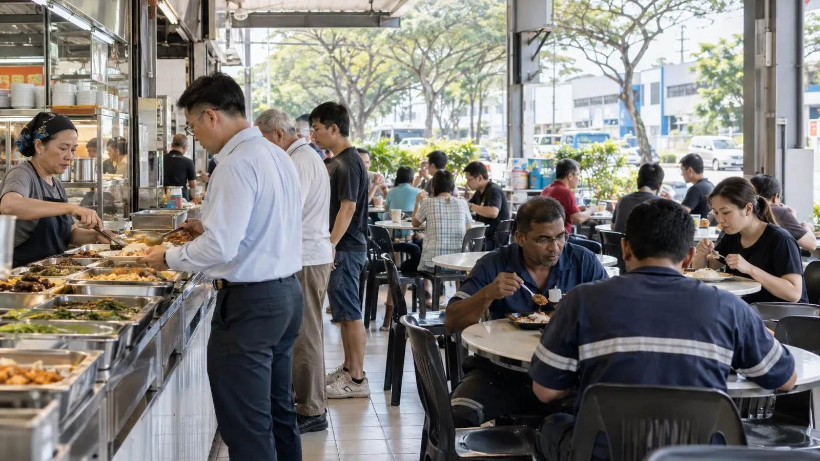 A diverse group of workers and residents sharing economy rice and local dishes at an industrial-estate coffeeshop near Kaki Bukit MRT, with low-rise industrial buildings and Bedok Reservoir Road greenery behind