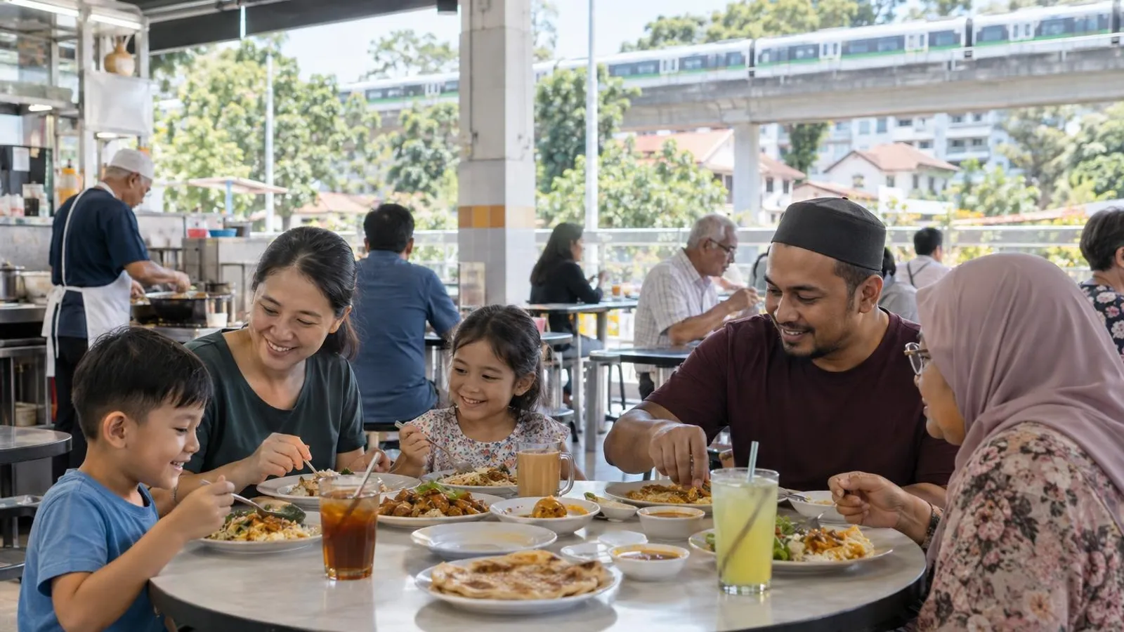 A diverse family sharing local and halal dishes at a neighbourhood coffeeshop near Kembangan MRT, with east-side heartland housing, the MRT viaduct and greenery behind