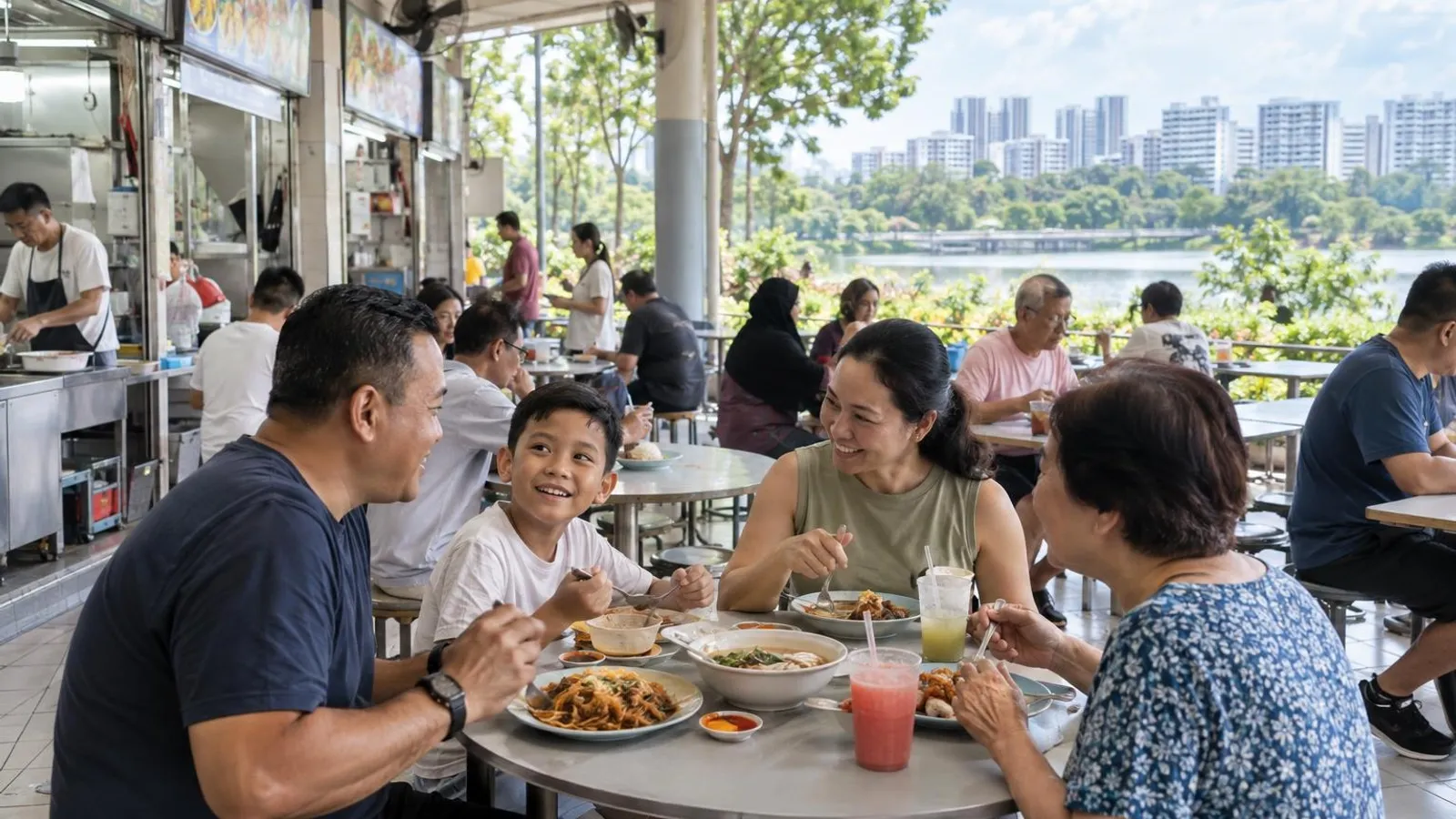 A diverse family sharing local hawker dishes at a bright food centre near Lakeside MRT, overlooking the Jurong Lake Gardens greenery and lake with western HDB blocks beyond