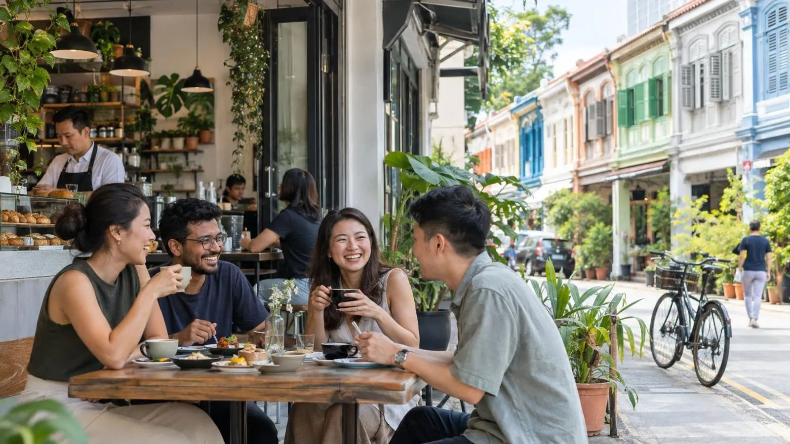 A group of friends brunching with specialty coffee at a hip cafe on Tyrwhitt Road near Lavender MRT, with a restored row of colourful heritage shophouses behind