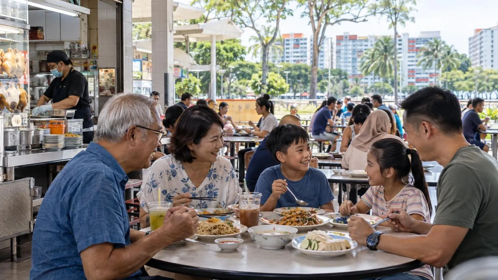 A diverse family sharing local hawker dishes at a bright food centre near Marine Parade, with Marine Parade HDB blocks and East Coast greenery behind