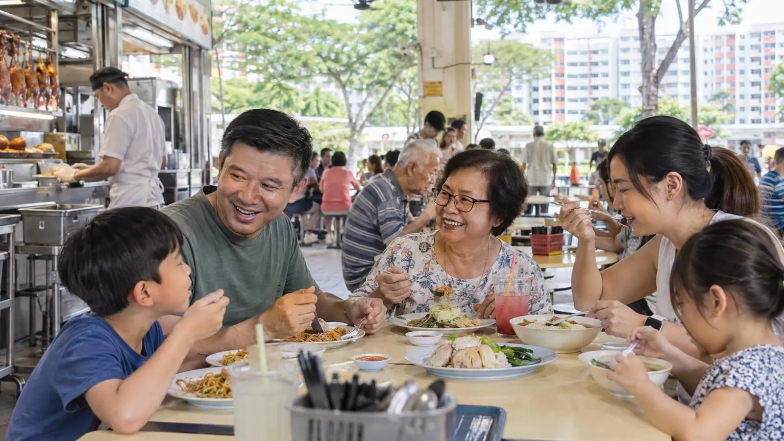 A diverse family sharing local dishes at a bright neighbourhood hawker centre near Marsiling MRT, with north heartland HDB blocks and rain trees behind