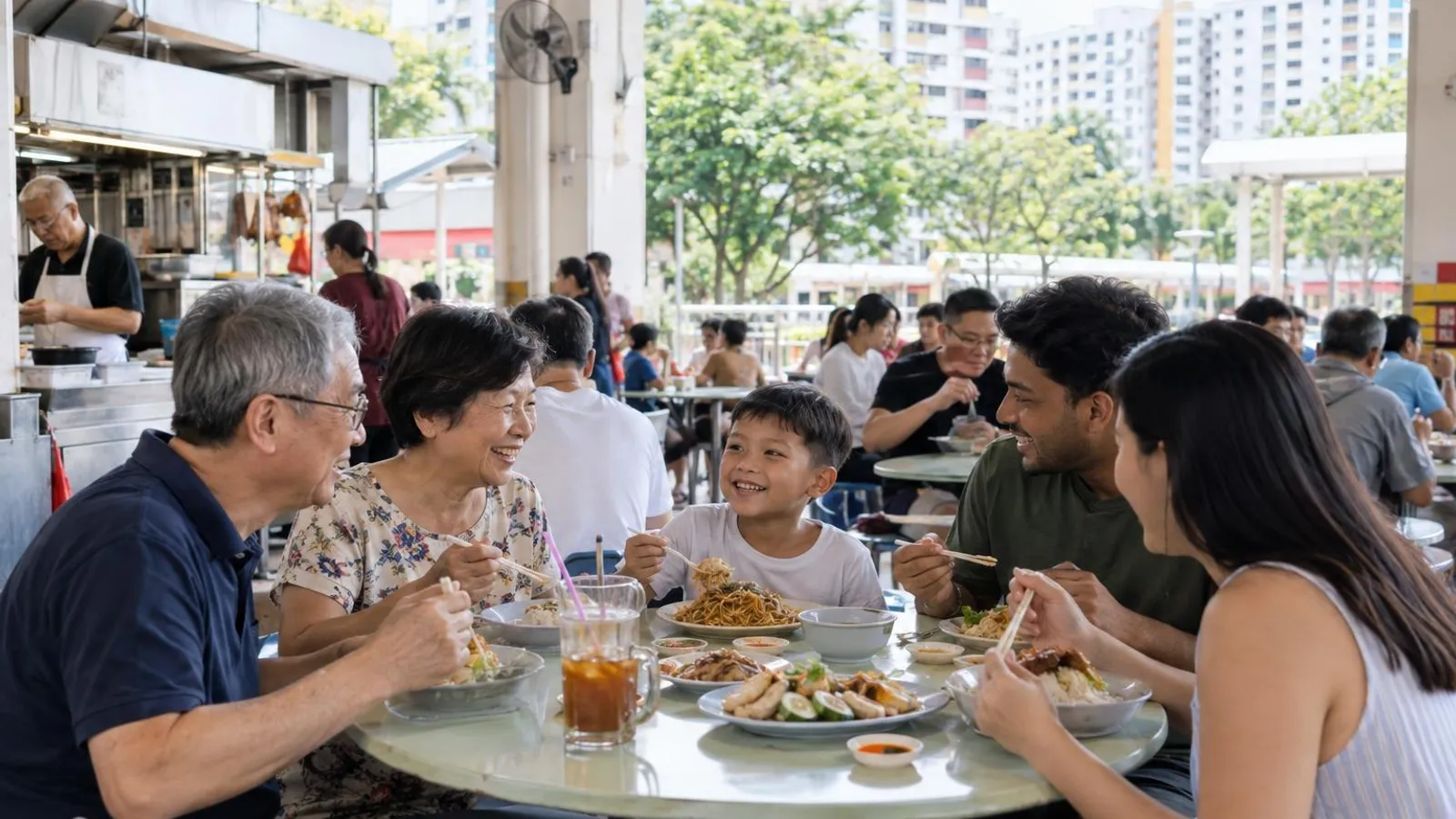 A diverse family sharing local hawker dishes at the well-loved Shunfu Market near Marymount MRT, with the surrounding mature HDB estate and greenery behind