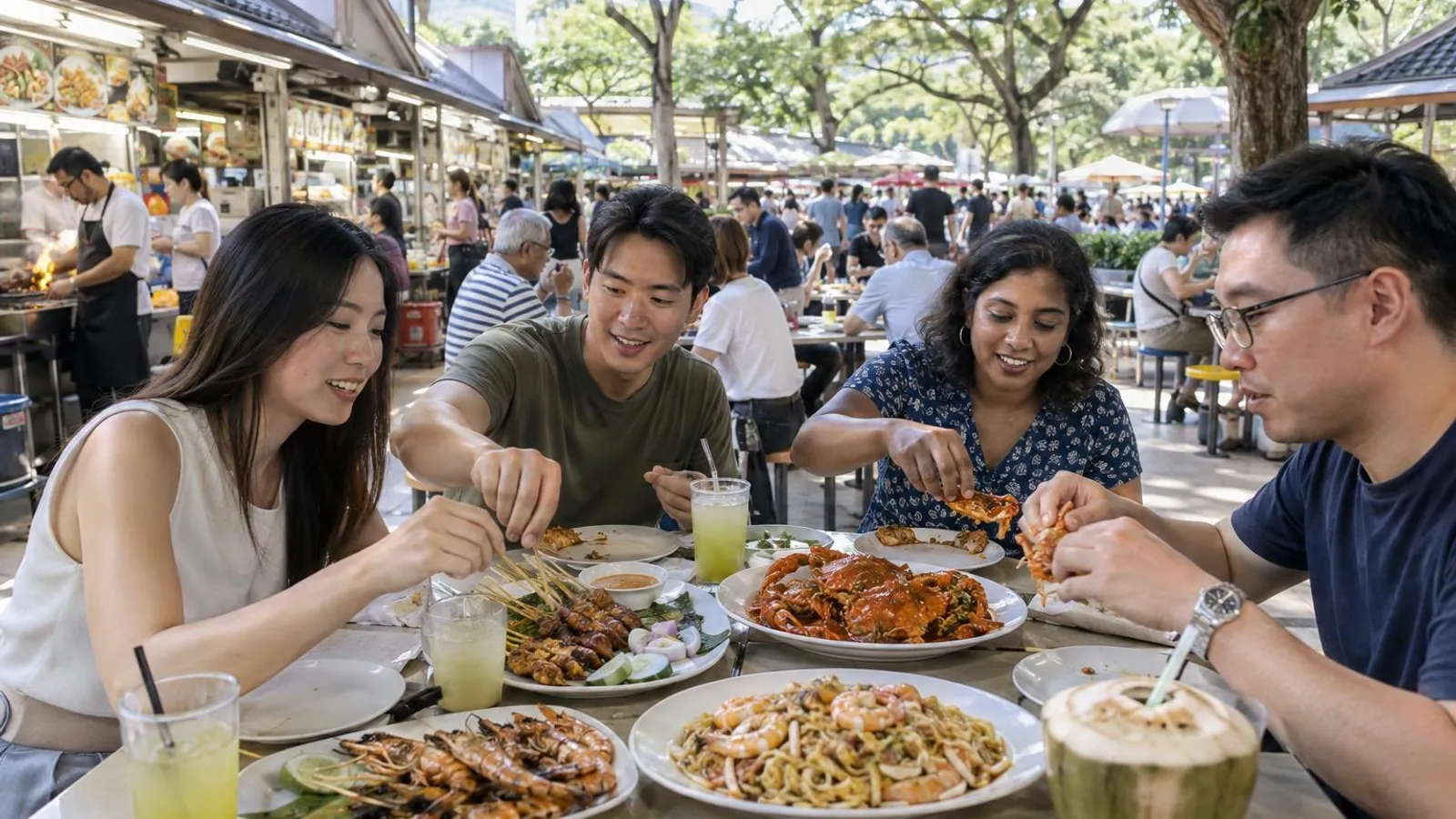 A diverse group sharing satay, BBQ chilli crab and grilled seafood at a bustling open-air hawker centre (Newton Food Centre), ringed by rain trees near Newton MRT