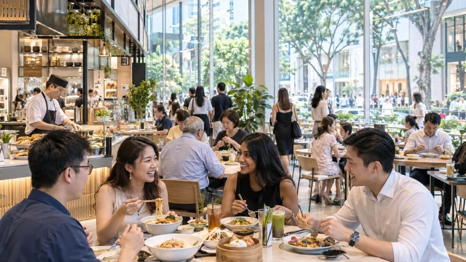 A diverse group of shoppers and office workers sharing local and Asian dishes at a bright shopping-mall food hall near Orchard MRT, with the tree-lined Orchard Road shopping boulevard through the windows
