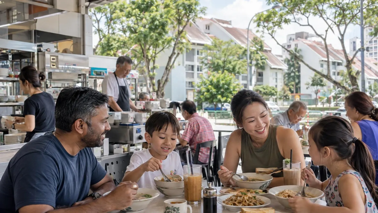 A diverse family sharing local dishes at a neighbourhood coffeeshop near Potong Pasir MRT, with the distinctive sloped-roof HDB blocks and greenery of the Sennett Estate area behind