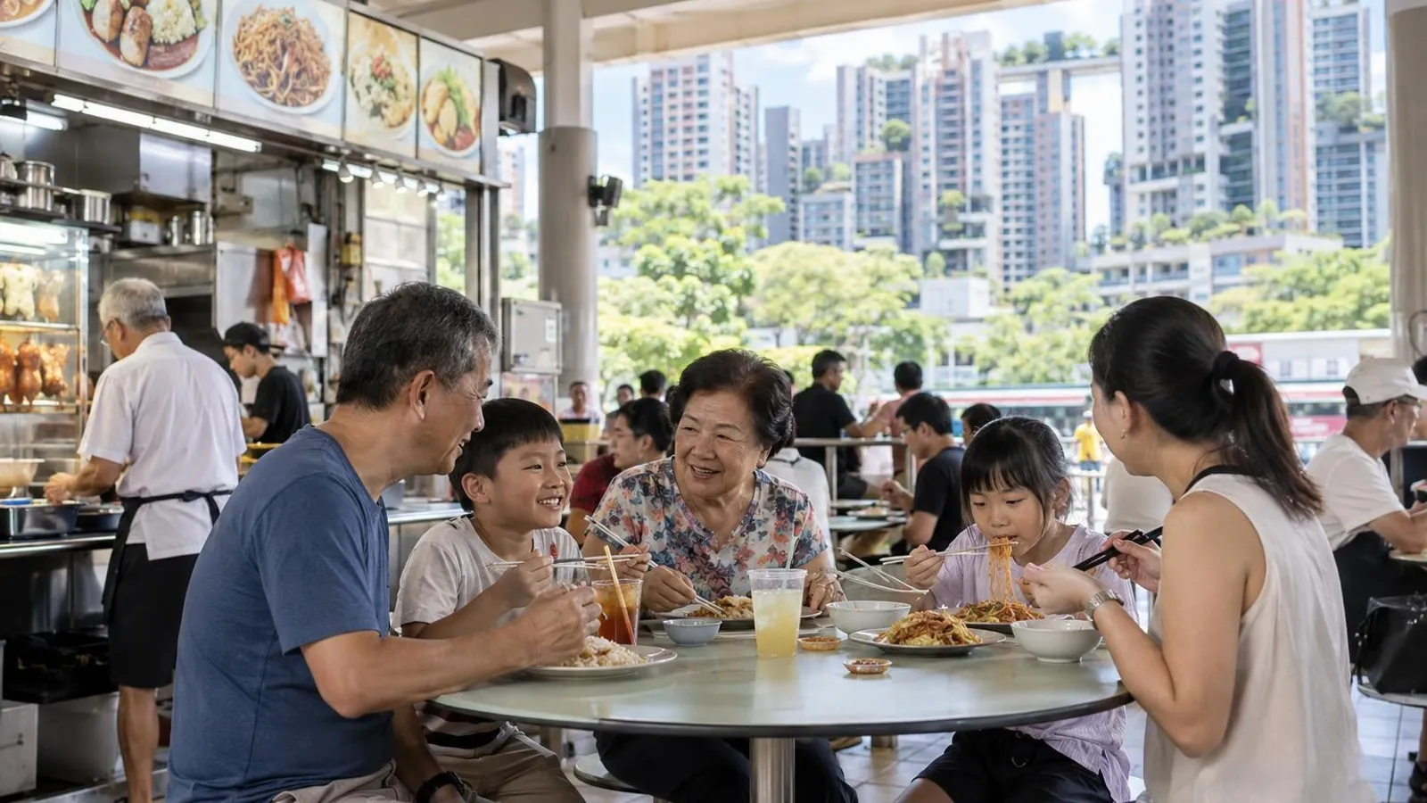A multi-generational family sharing hawker noodles and rice at a bright heartland hawker centre near Queenstown MRT, with the Dawson estate tall terraced HDB towers and greenery behind
