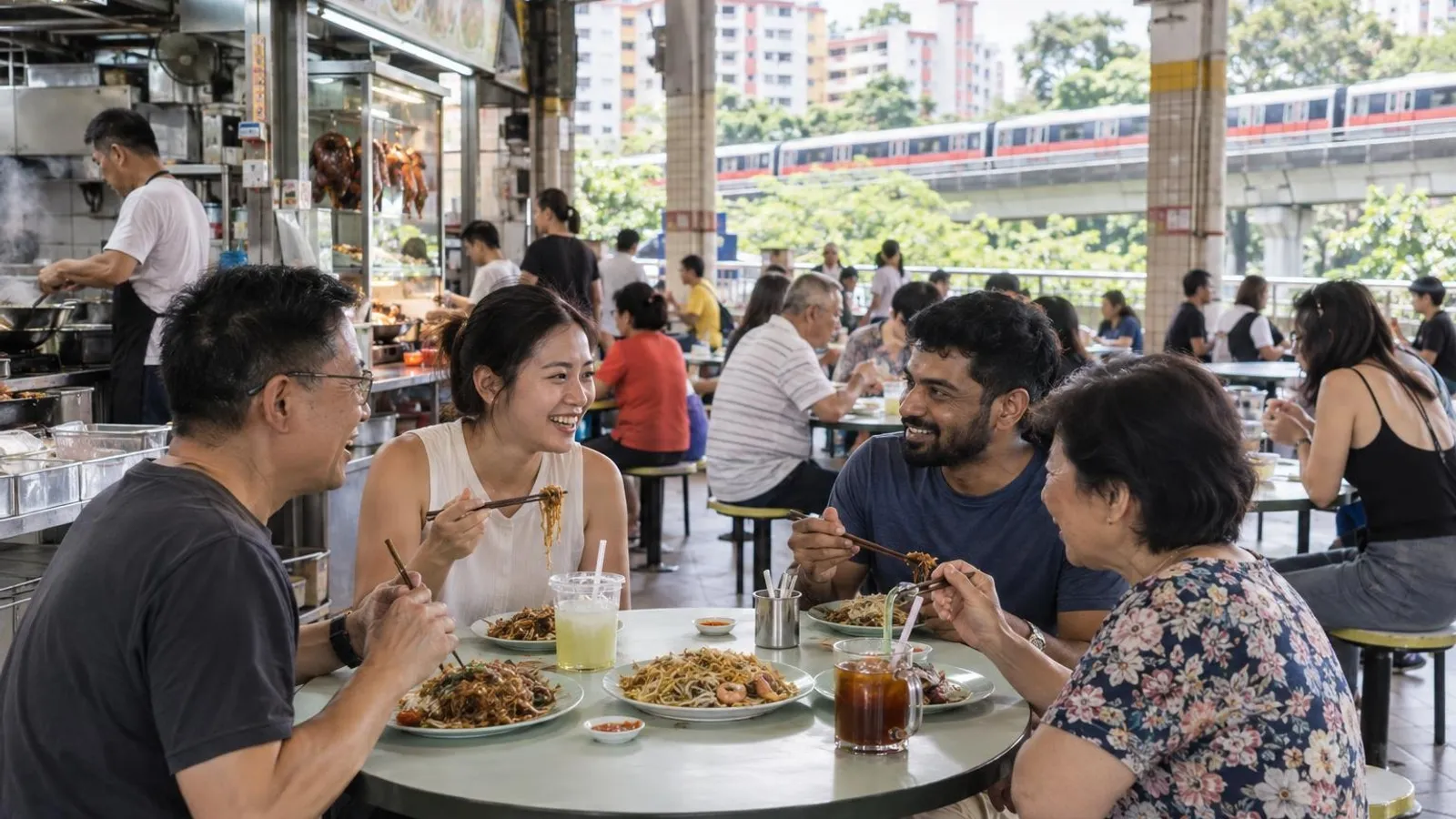 A diverse group sharing char kway teow and Hokkien mee at a bright hawker centre near Redhill MRT, with Bukit Merah HDB blocks, the red MRT viaduct and greenery behind