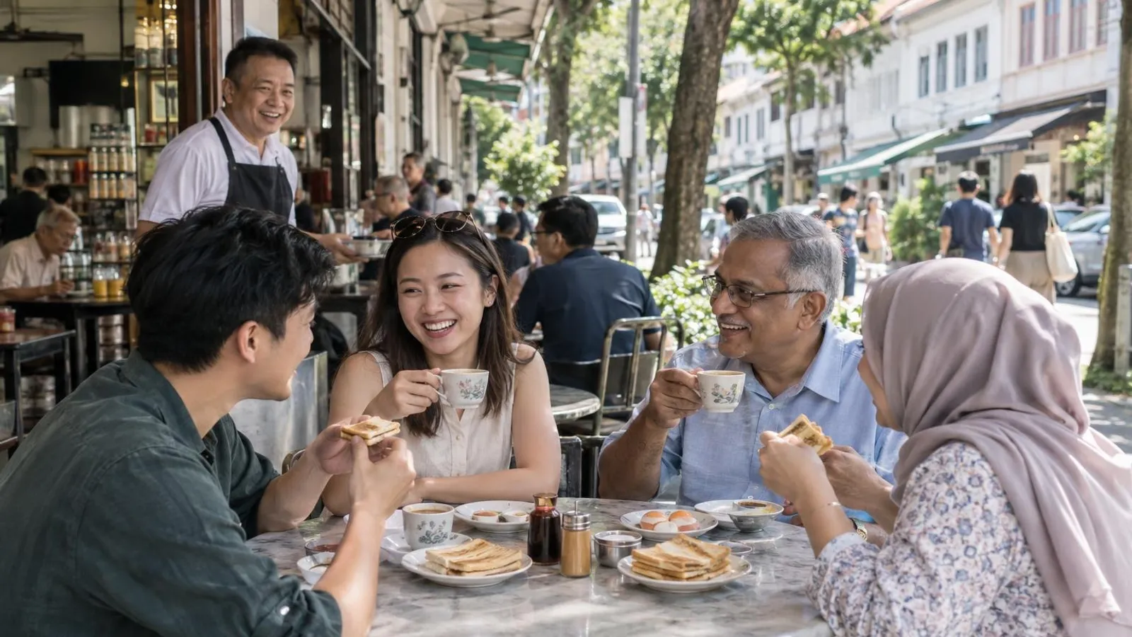 A diverse group sharing kaya toast, kopi and local breakfast at a heritage kopitiam on Killiney Road near Somerset MRT, with a low-rise row of old shophouse eateries behind